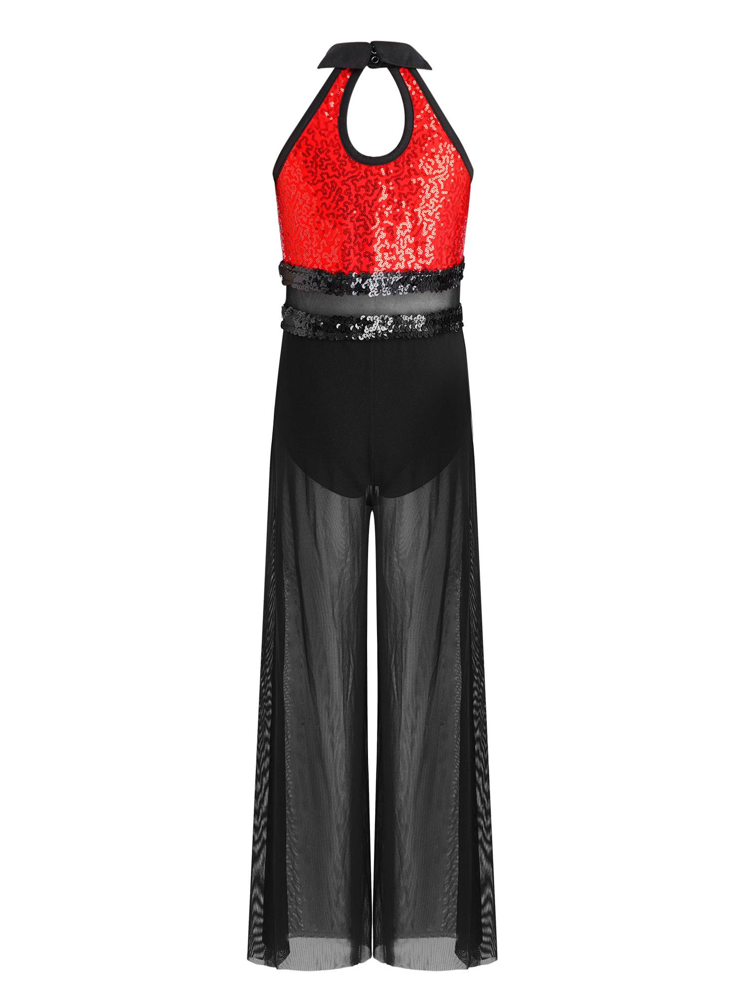 Girls Sequin Jazz Dance Jumpsuit Wide-leg Bodysuit with Built-in Briefs