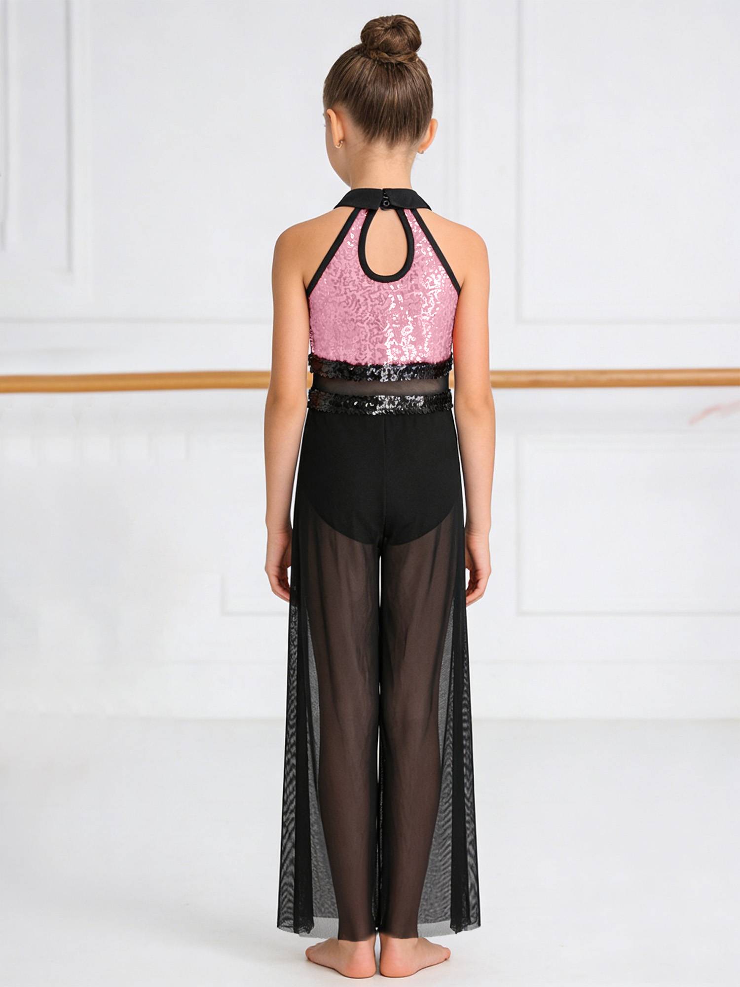 Girls Sequin Jazz Dance Jumpsuit Wide-leg Bodysuit with Built-in Briefs