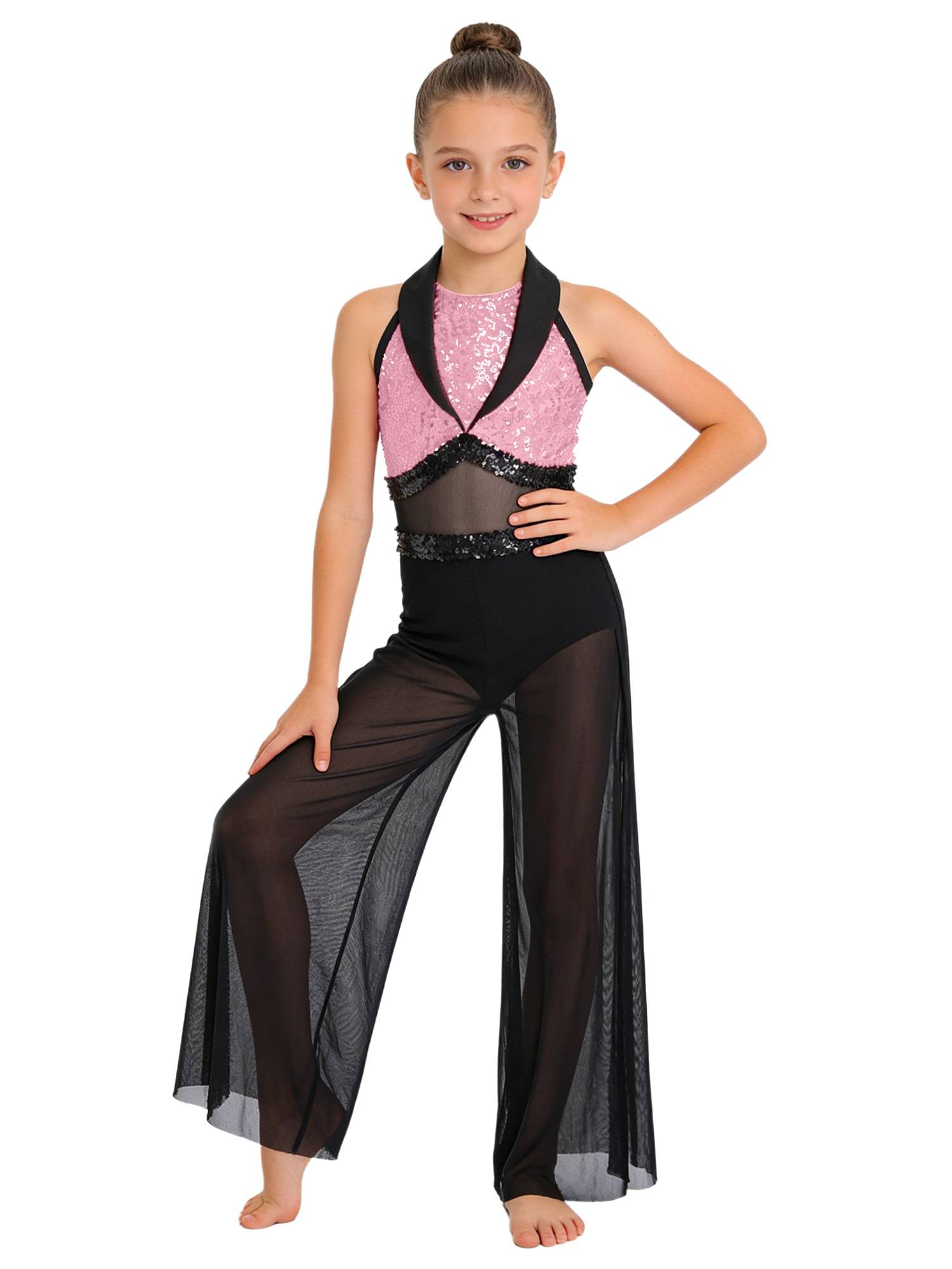 Girls Sequin Jazz Dance Jumpsuit Wide-leg Bodysuit with Built-in Briefs