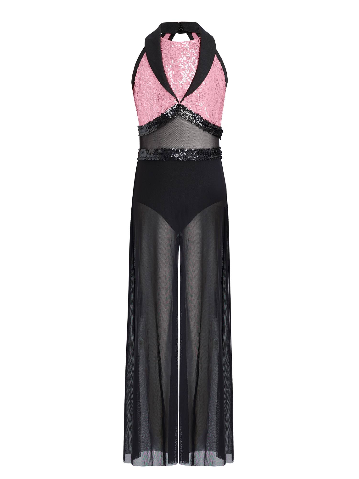 Girls Sequin Jazz Dance Jumpsuit Wide-leg Bodysuit with Built-in Briefs