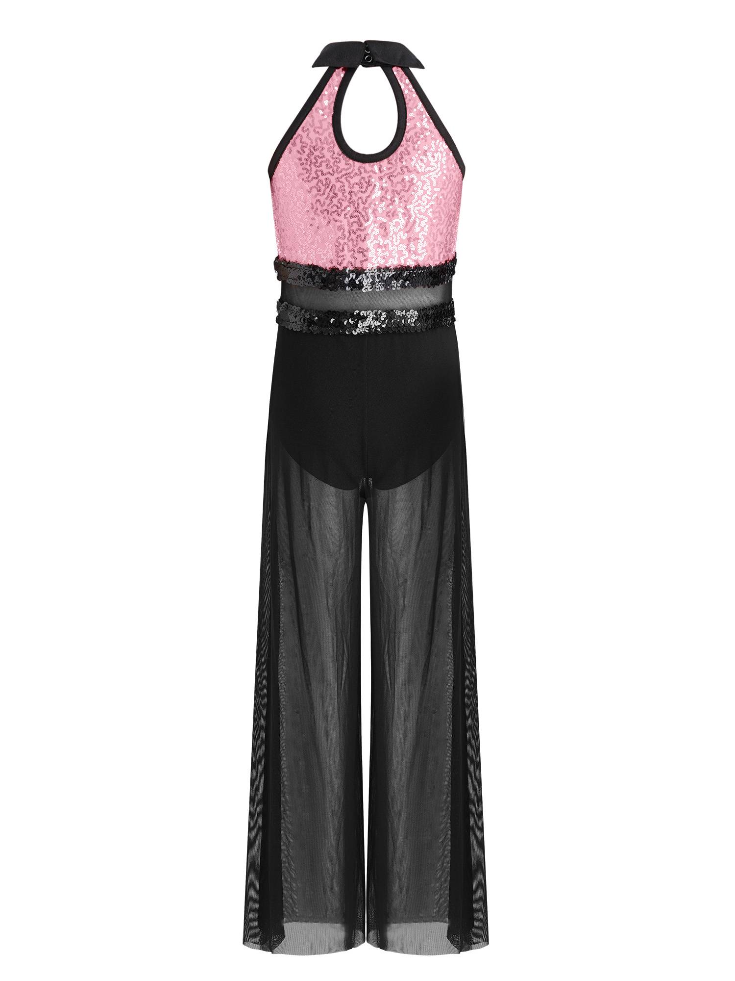 Girls Sequin Jazz Dance Jumpsuit Wide-leg Bodysuit with Built-in Briefs