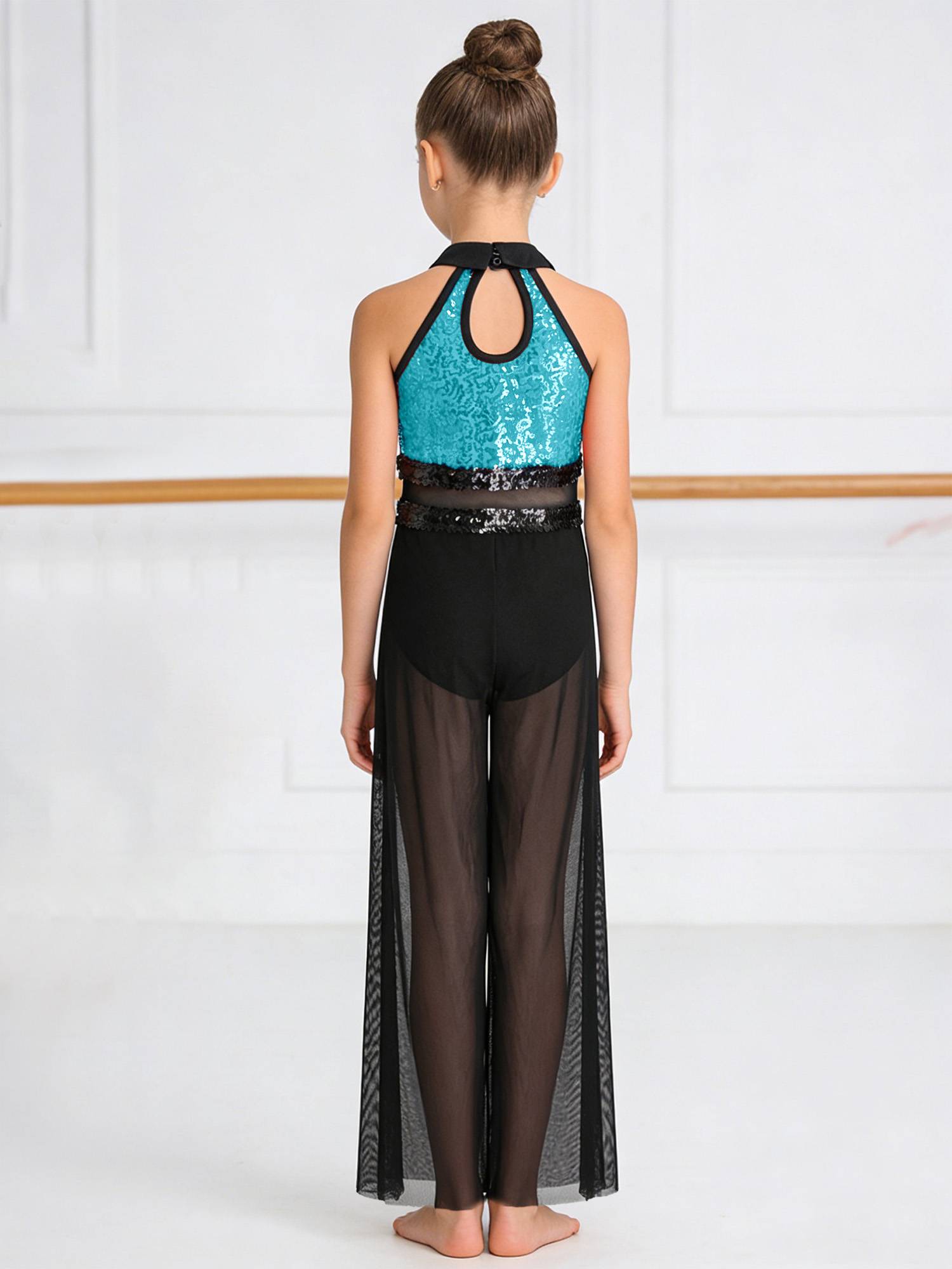 Girls Sequin Jazz Dance Jumpsuit Wide-leg Bodysuit with Built-in Briefs