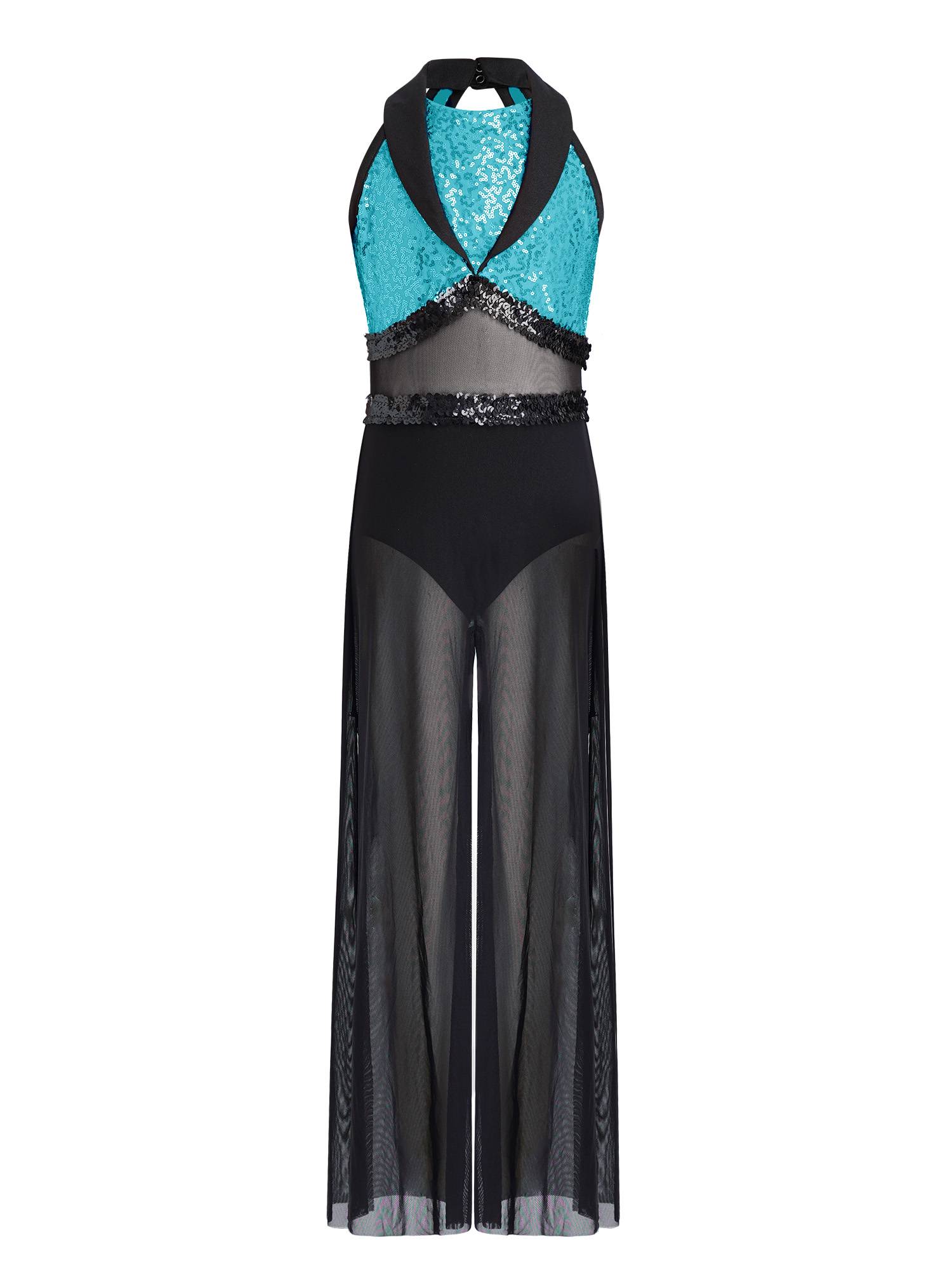 Girls Sequin Jazz Dance Jumpsuit Wide-leg Bodysuit with Built-in Briefs