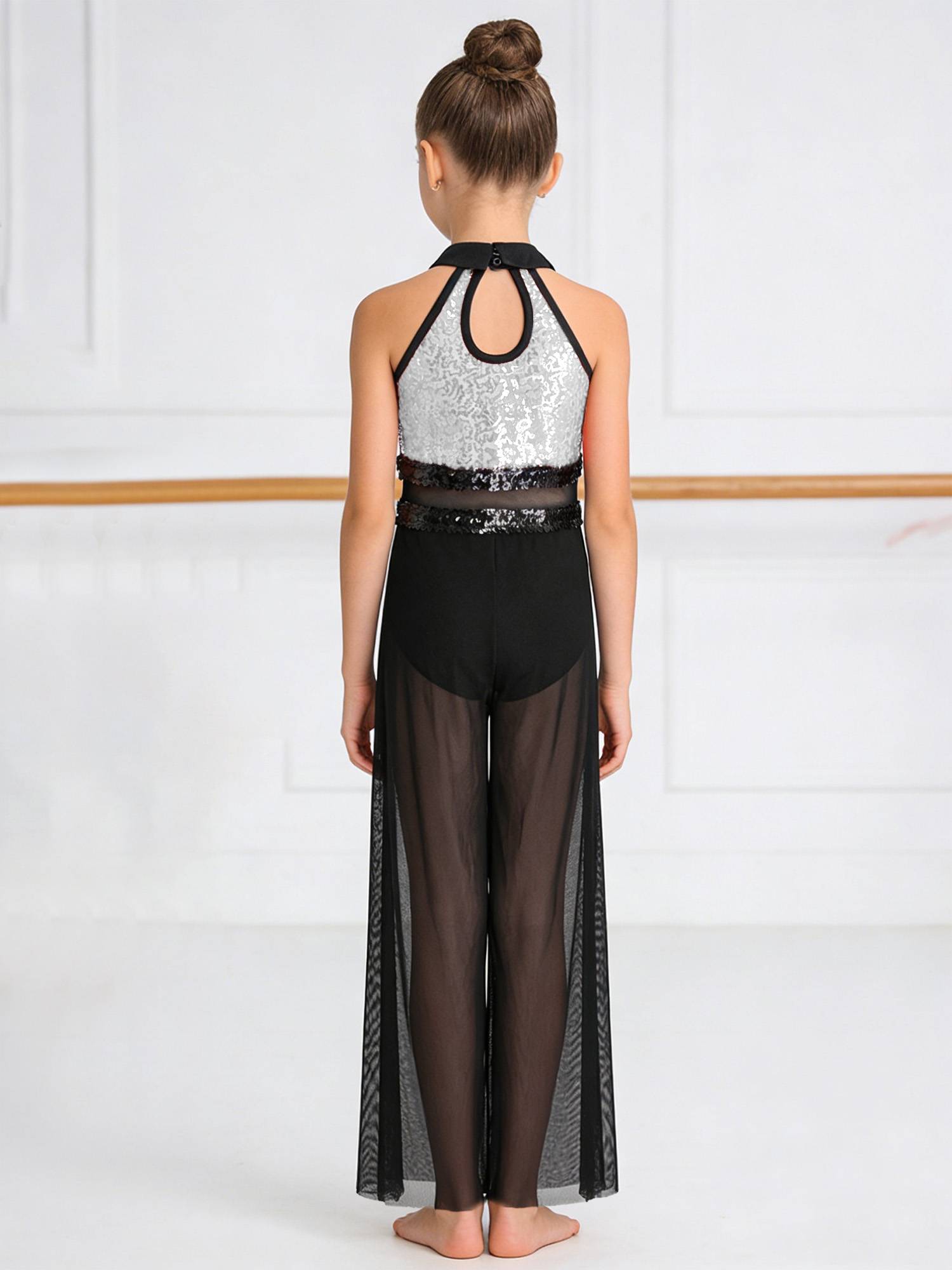 Girls Sequin Jazz Dance Jumpsuit Wide-leg Bodysuit with Built-in Briefs