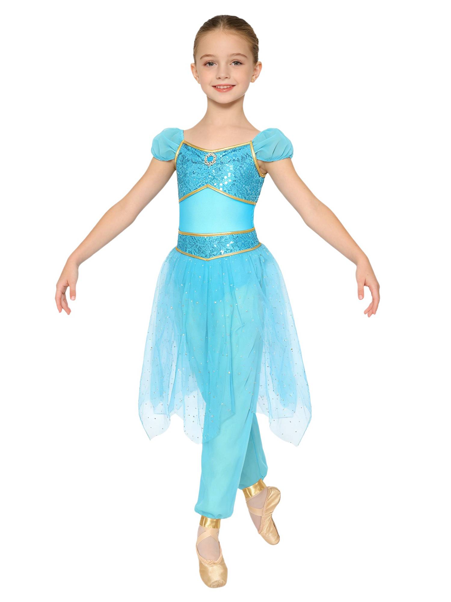 Girls Arabian Princess Tulle Jumpsuit Sequin Costume for Halloween, Belly Dance