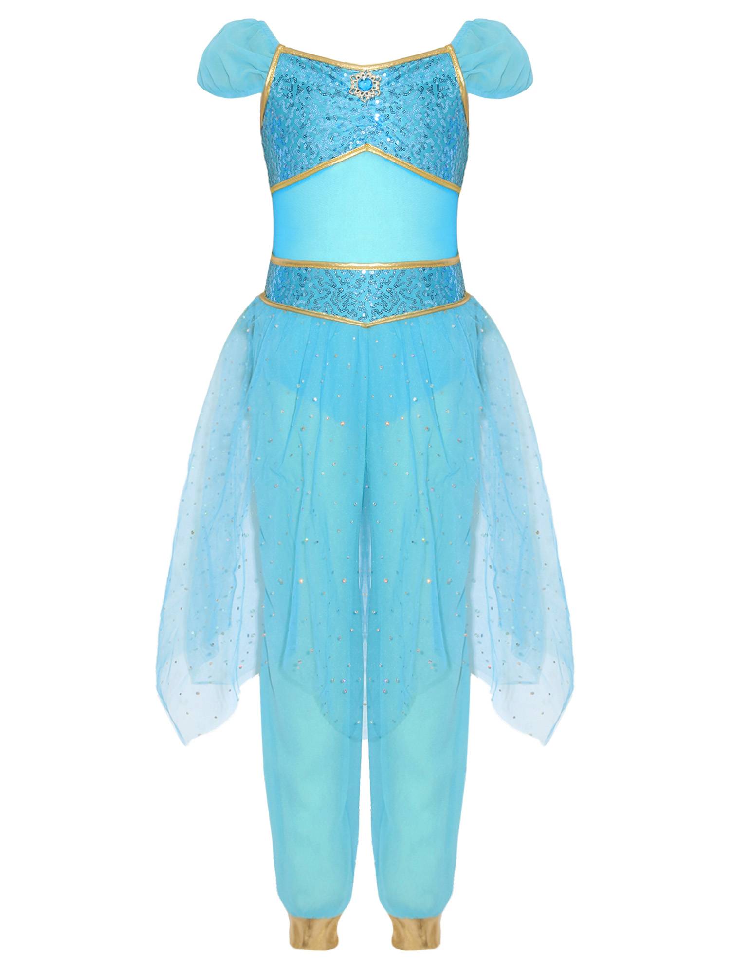 Girls Arabian Princess Tulle Jumpsuit Sequin Costume for Halloween, Belly Dance