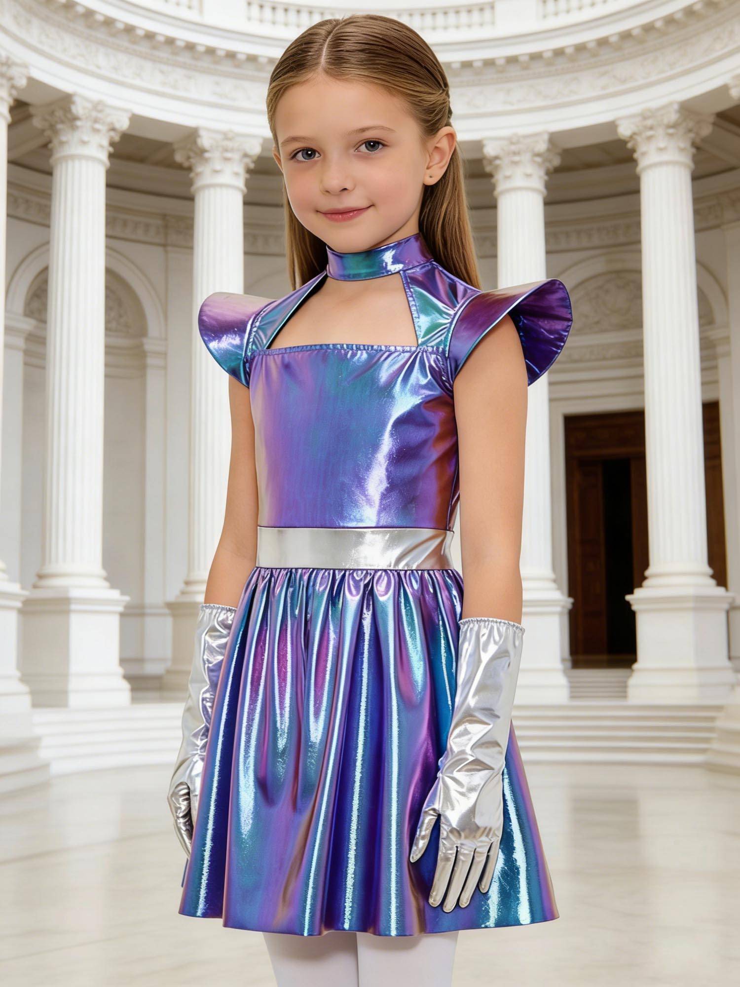 Girls Metallic Alien Halloween Cosplay Costume Cap Sleee A-line Dress Robot Set