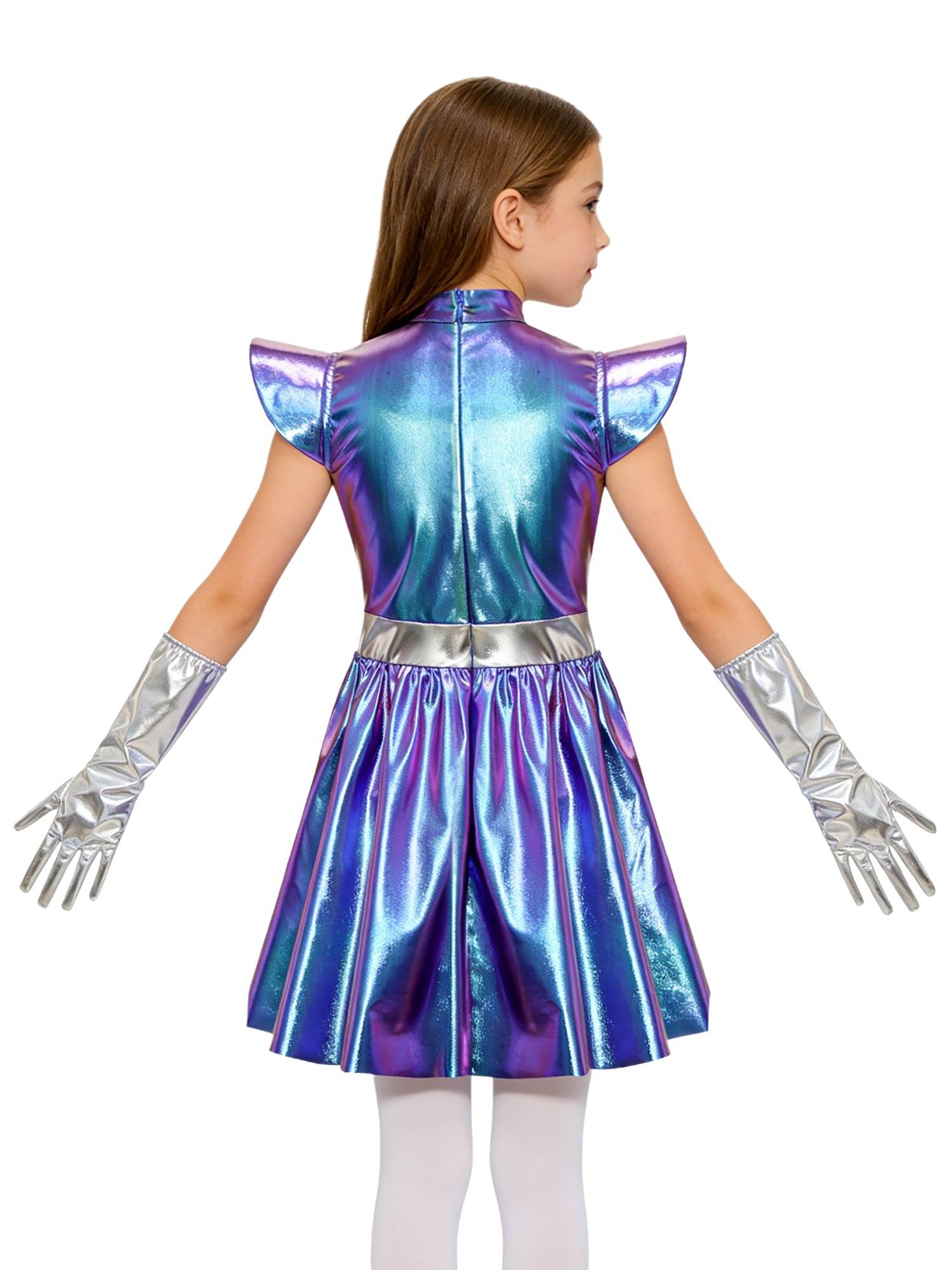 Girls Metallic Alien Halloween Cosplay Costume Cap Sleee A-line Dress Robot Set