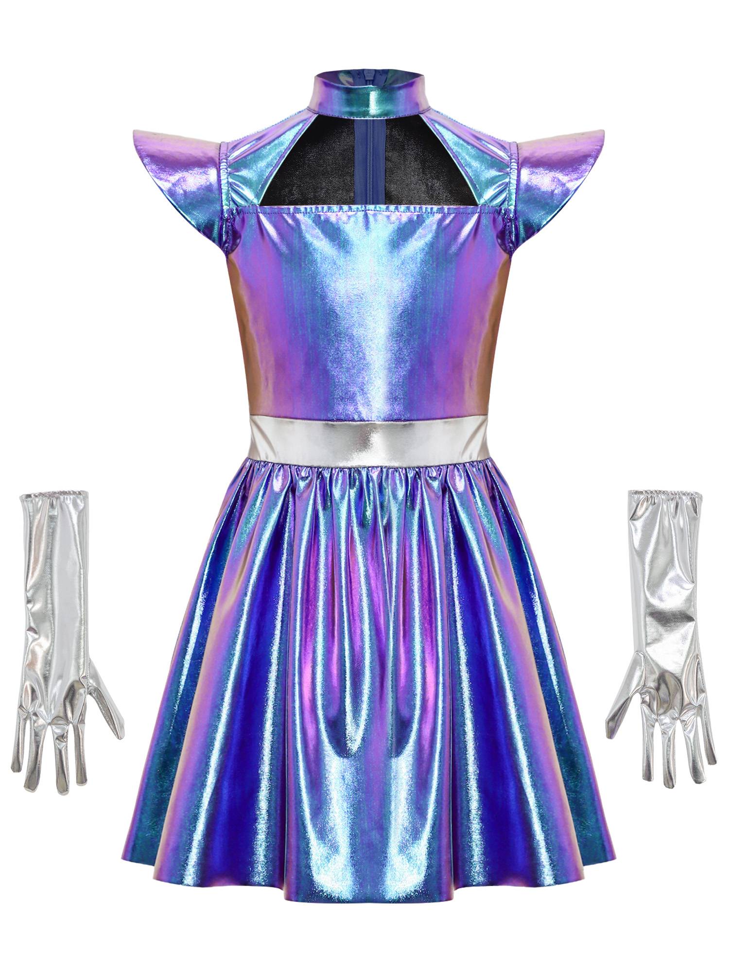 Girls Metallic Alien Halloween Cosplay Costume Cap Sleee A-line Dress Robot Set