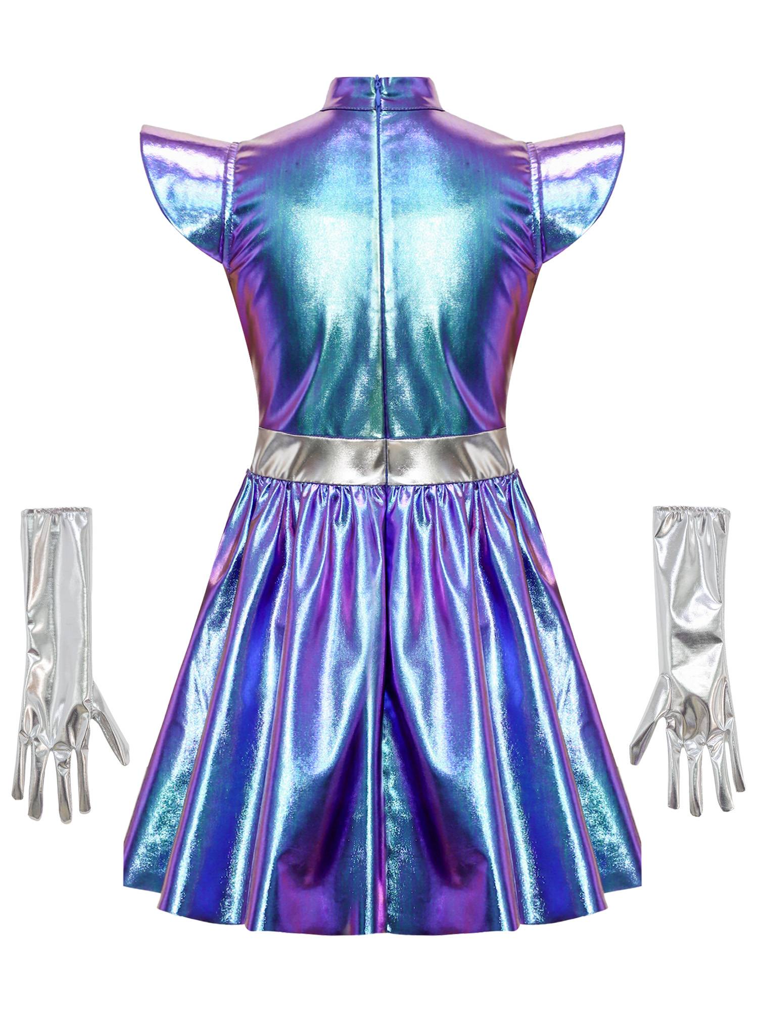 Girls Metallic Alien Halloween Cosplay Costume Cap Sleee A-line Dress Robot Set