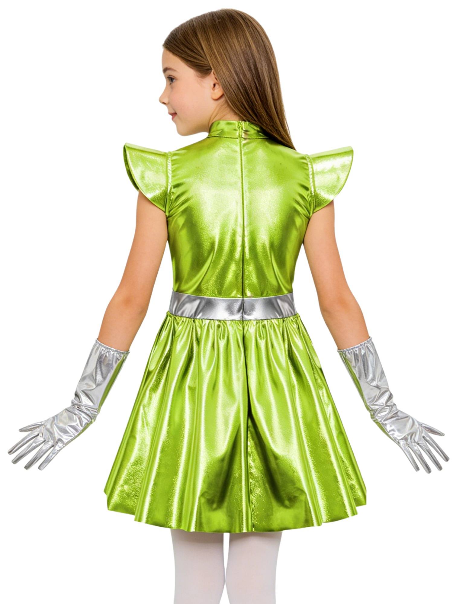 Girls Metallic Alien Halloween Cosplay Costume Cap Sleee A-line Dress Robot Set