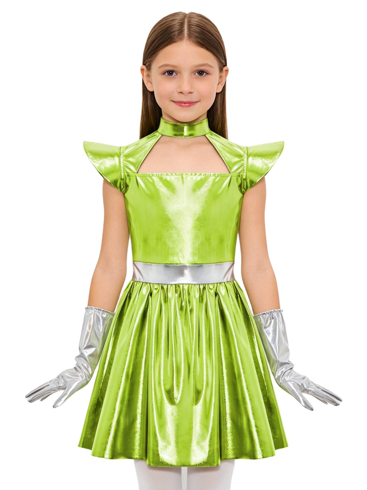 Girls Metallic Alien Halloween Cosplay Costume Cap Sleee A-line Dress Robot Set