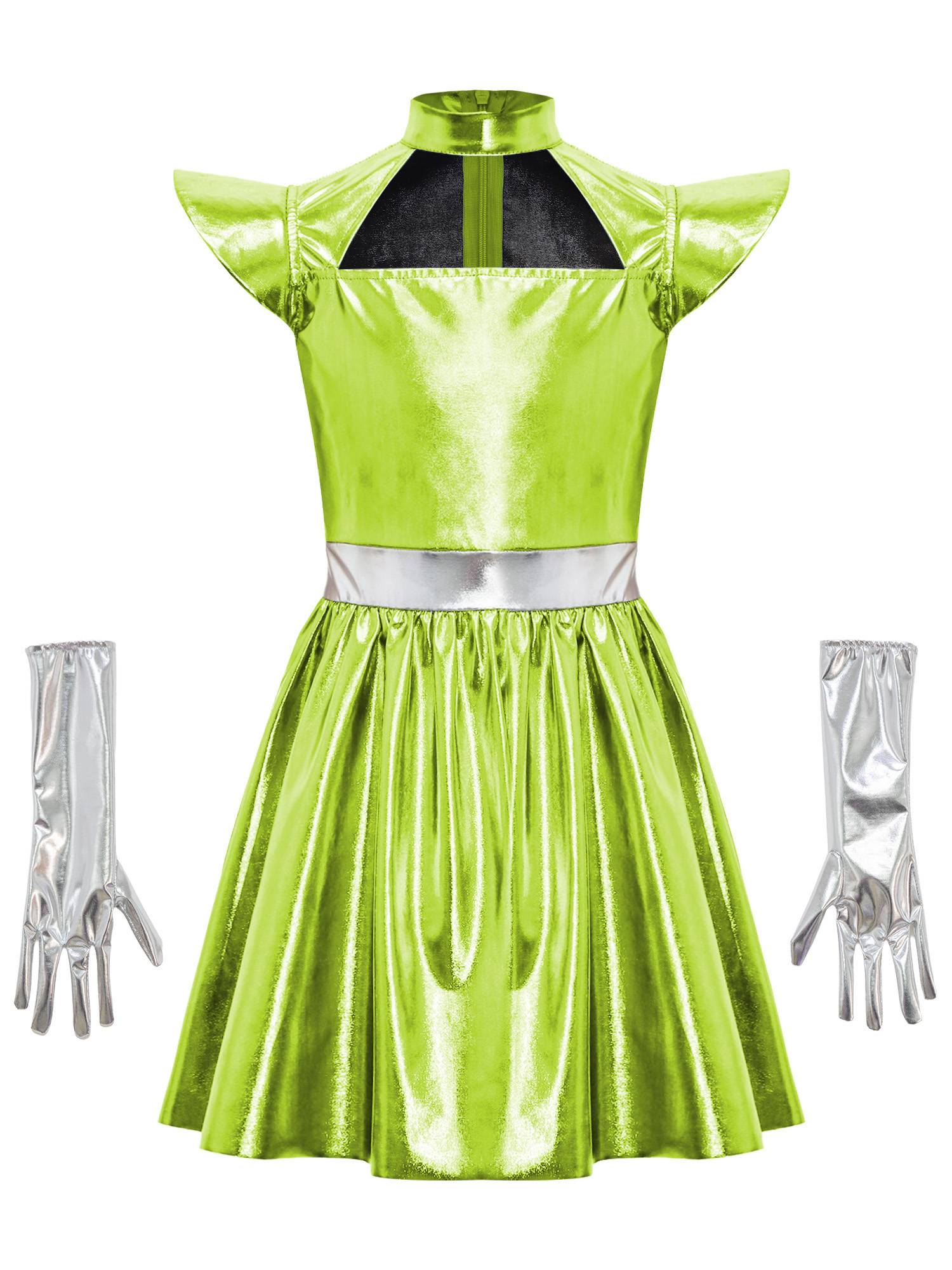 Girls Metallic Alien Halloween Cosplay Costume Cap Sleee A-line Dress Robot Set
