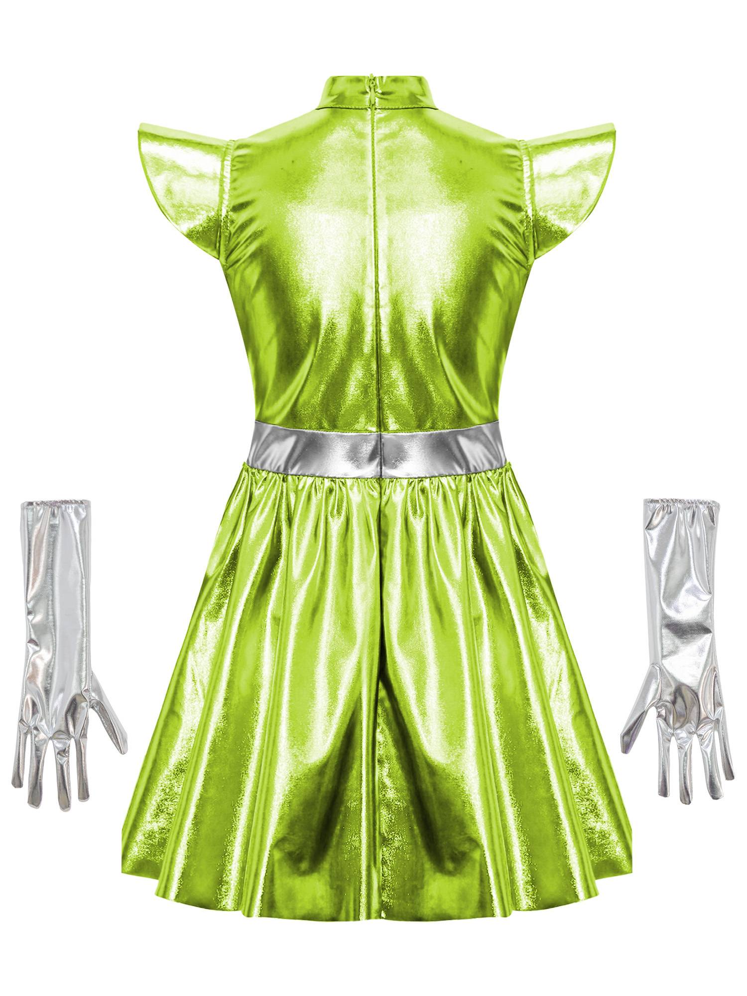 Girls Metallic Alien Halloween Cosplay Costume Cap Sleee A-line Dress Robot Set