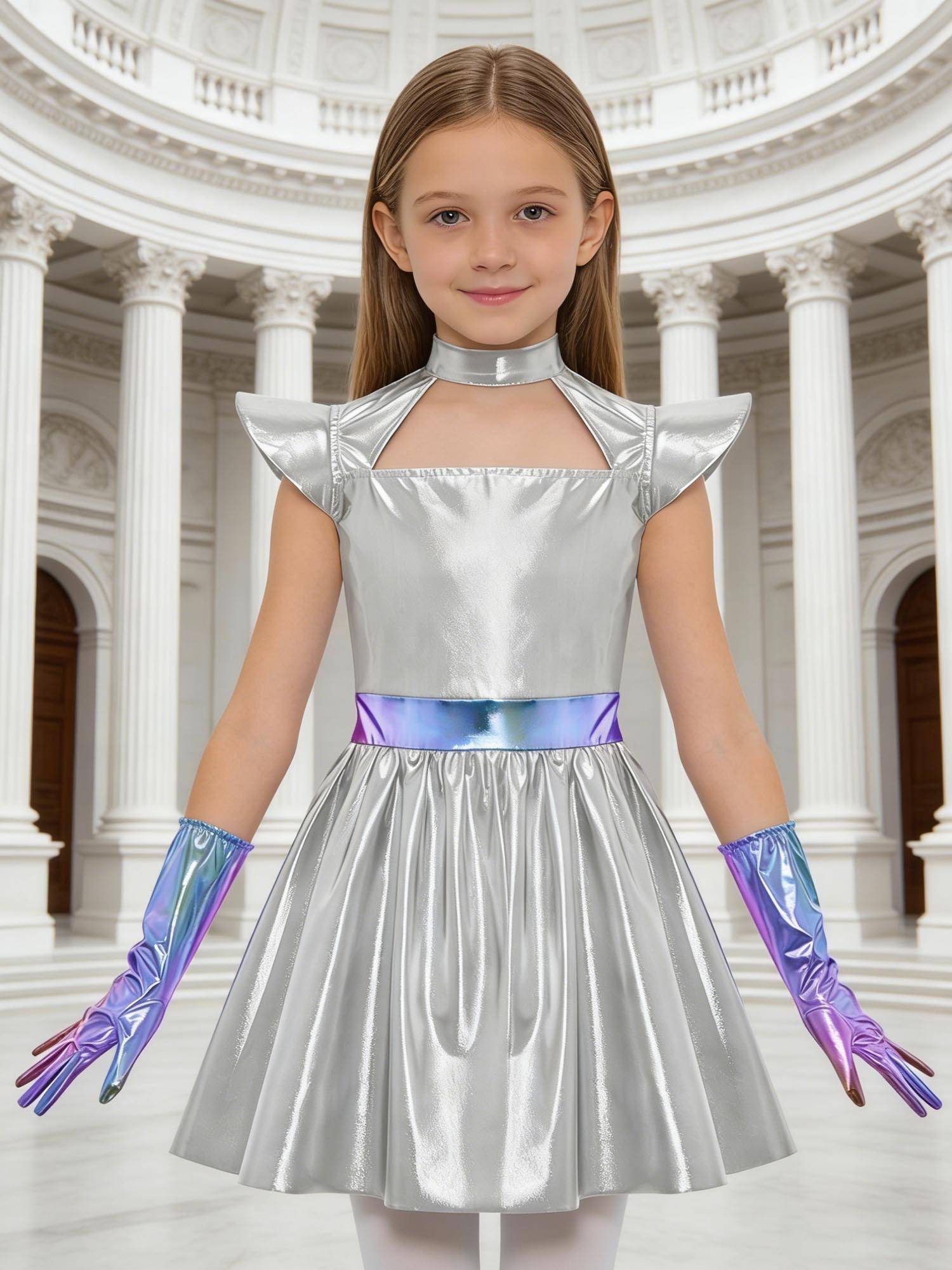 Girls Metallic Alien Halloween Cosplay Costume Cap Sleee A-line Dress Robot Set