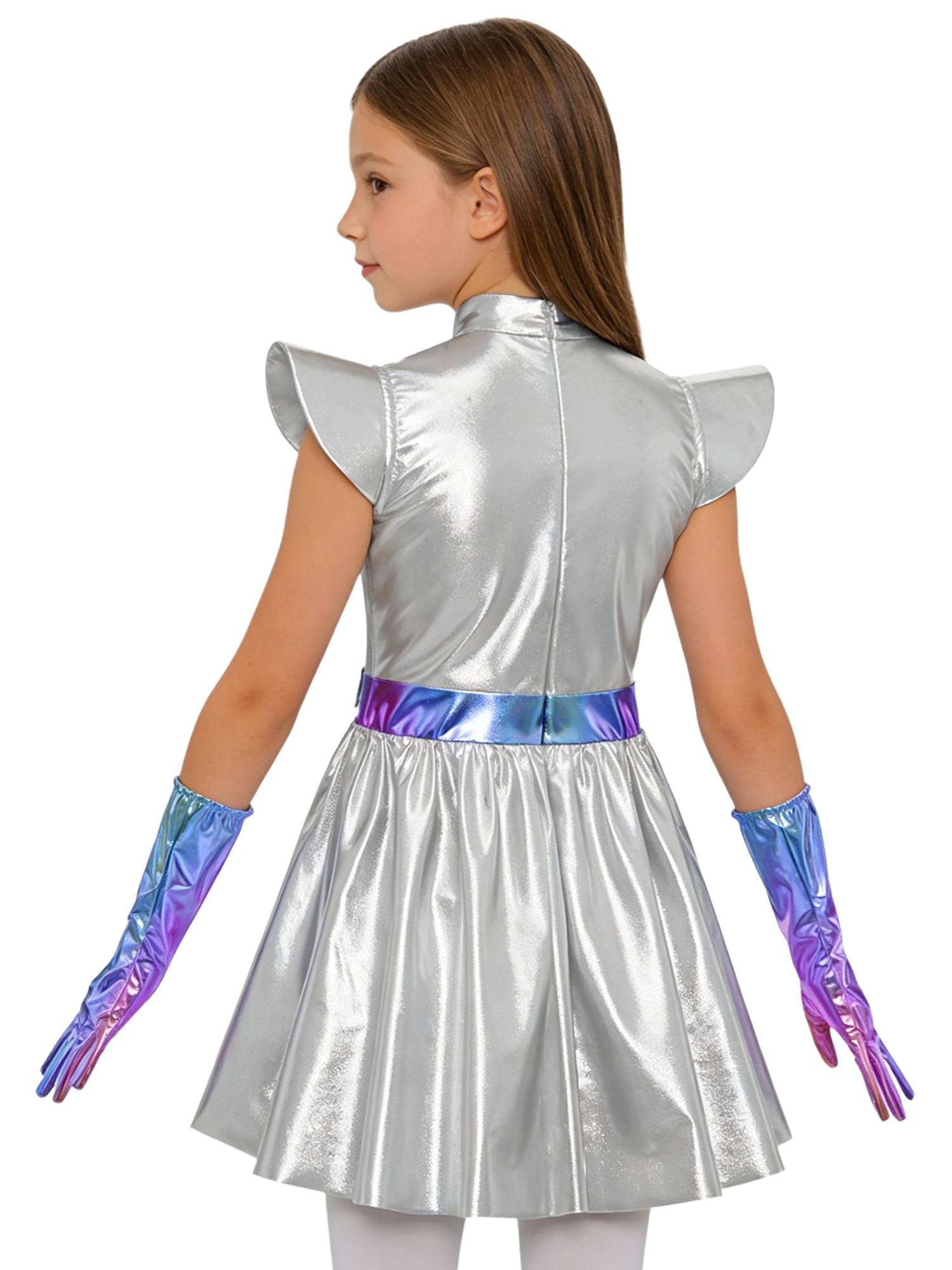 Girls Metallic Alien Halloween Cosplay Costume Cap Sleee A-line Dress Robot Set