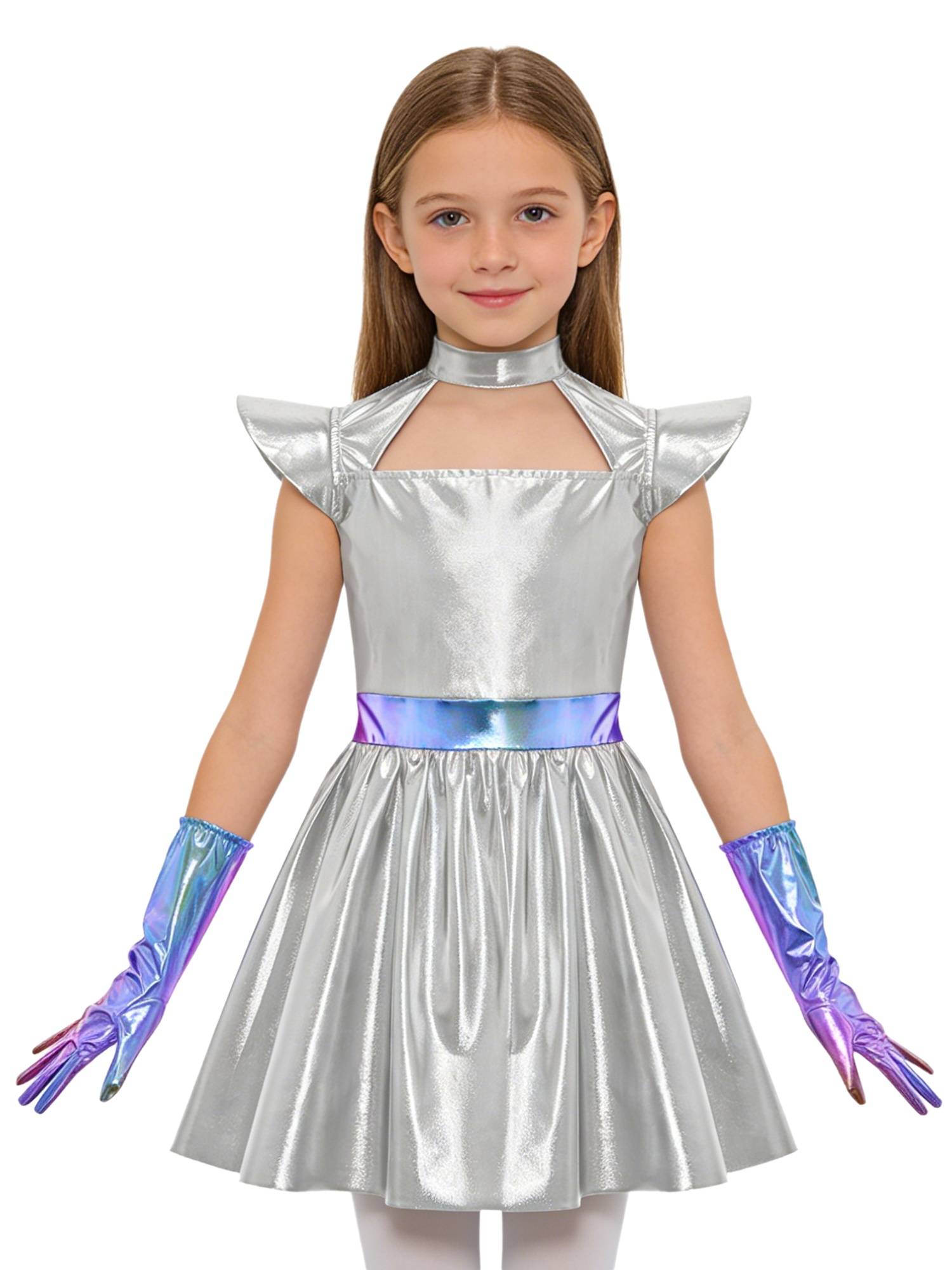 Girls Metallic Alien Halloween Cosplay Costume Cap Sleee A-line Dress Robot Set