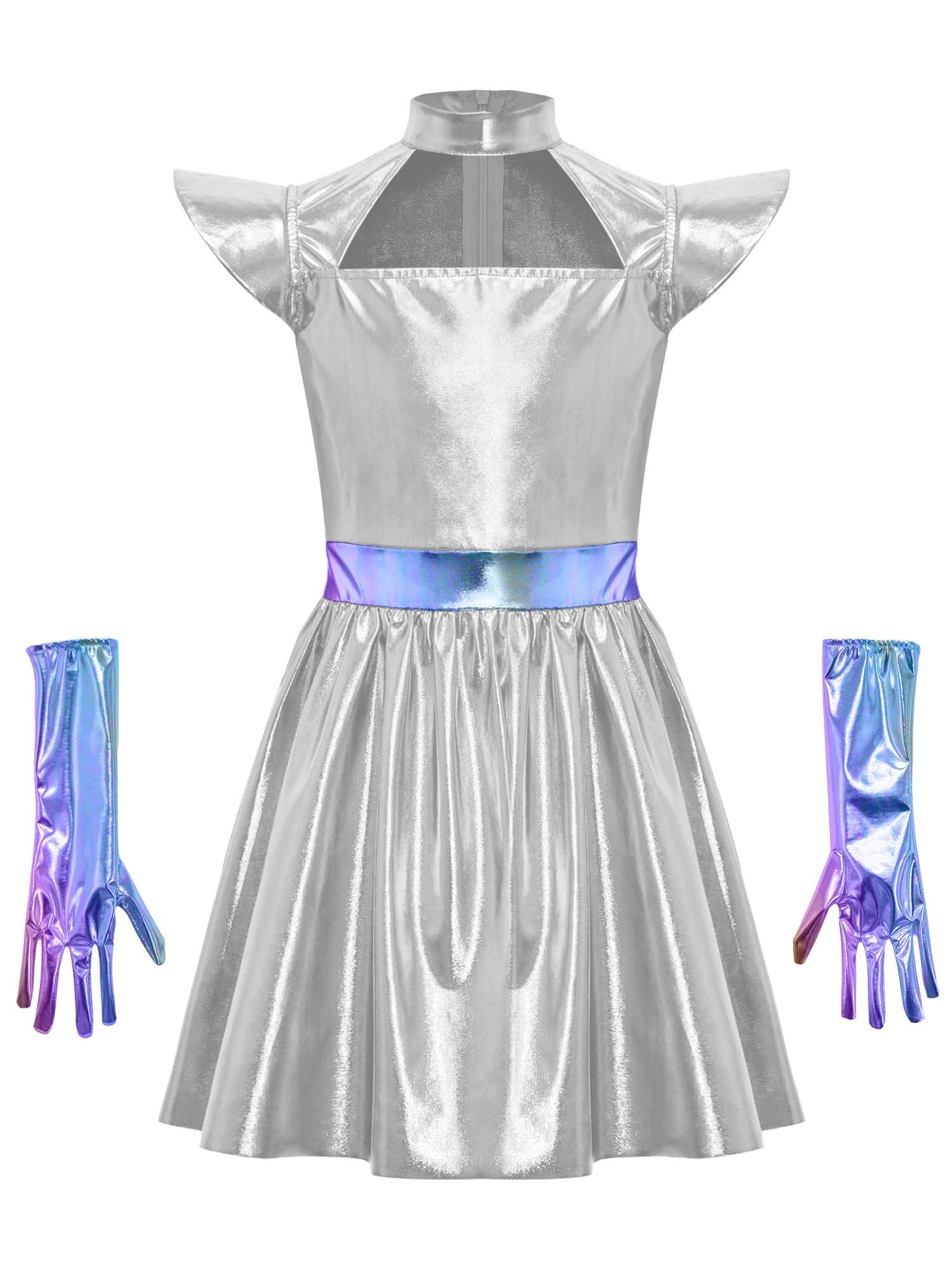 Girls Metallic Alien Halloween Cosplay Costume Cap Sleee A-line Dress Robot Set