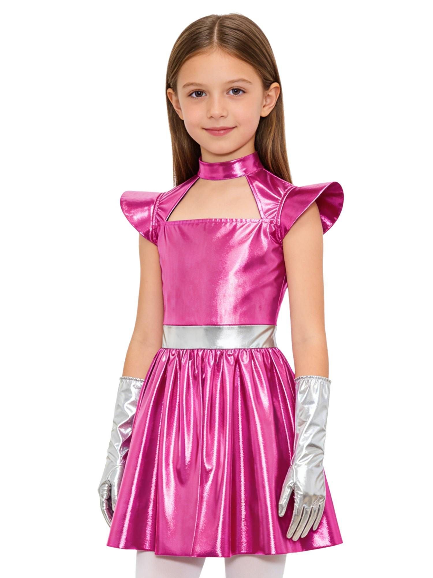 Girls Metallic Alien Halloween Cosplay Costume Cap Sleee A-line Dress Robot Set