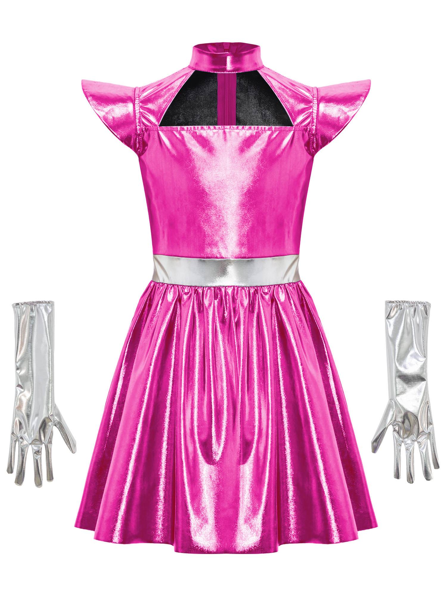 Girls Metallic Alien Halloween Cosplay Costume Cap Sleee A-line Dress Robot Set