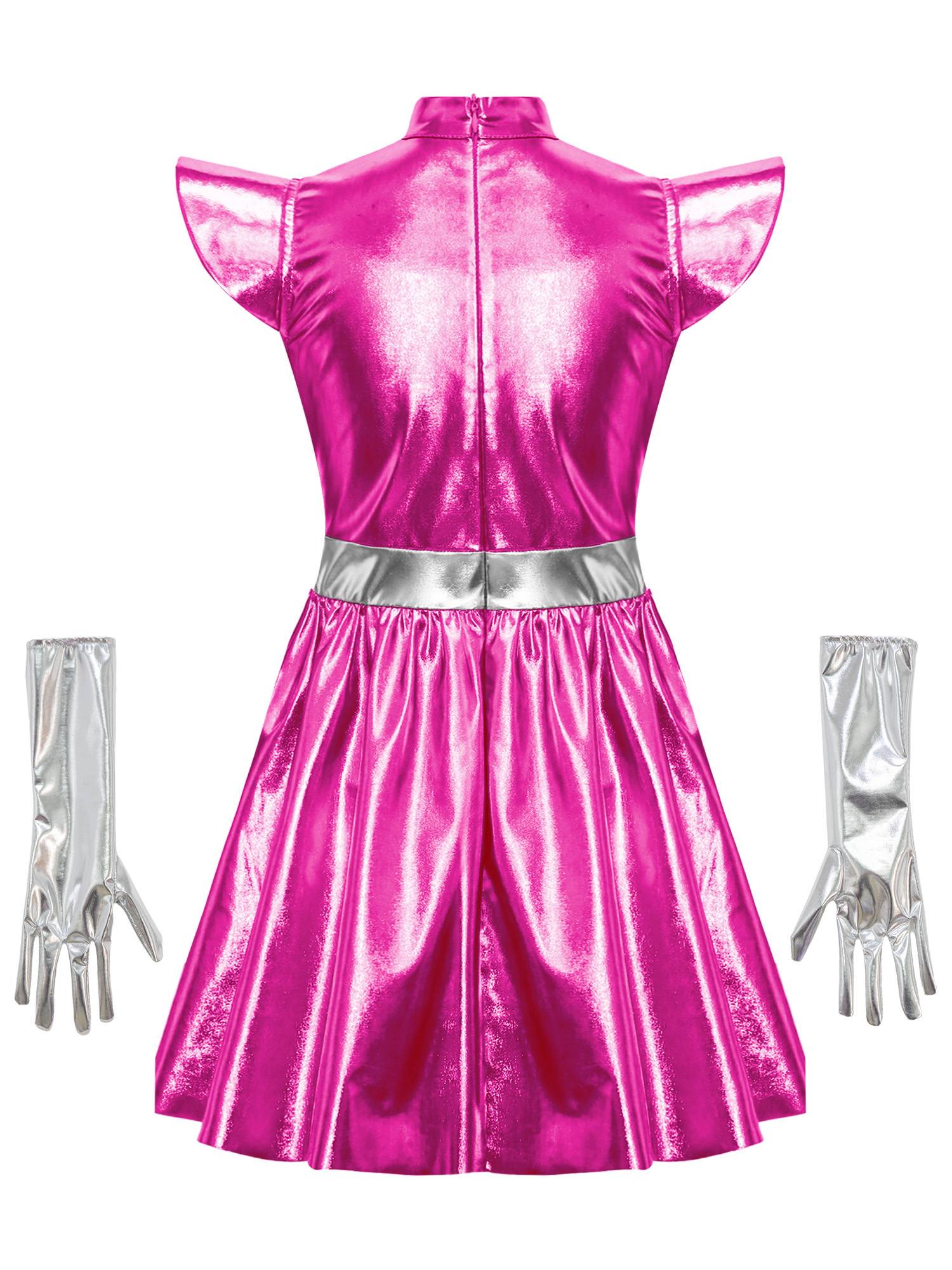 Girls Metallic Alien Halloween Cosplay Costume Cap Sleee A-line Dress Robot Set