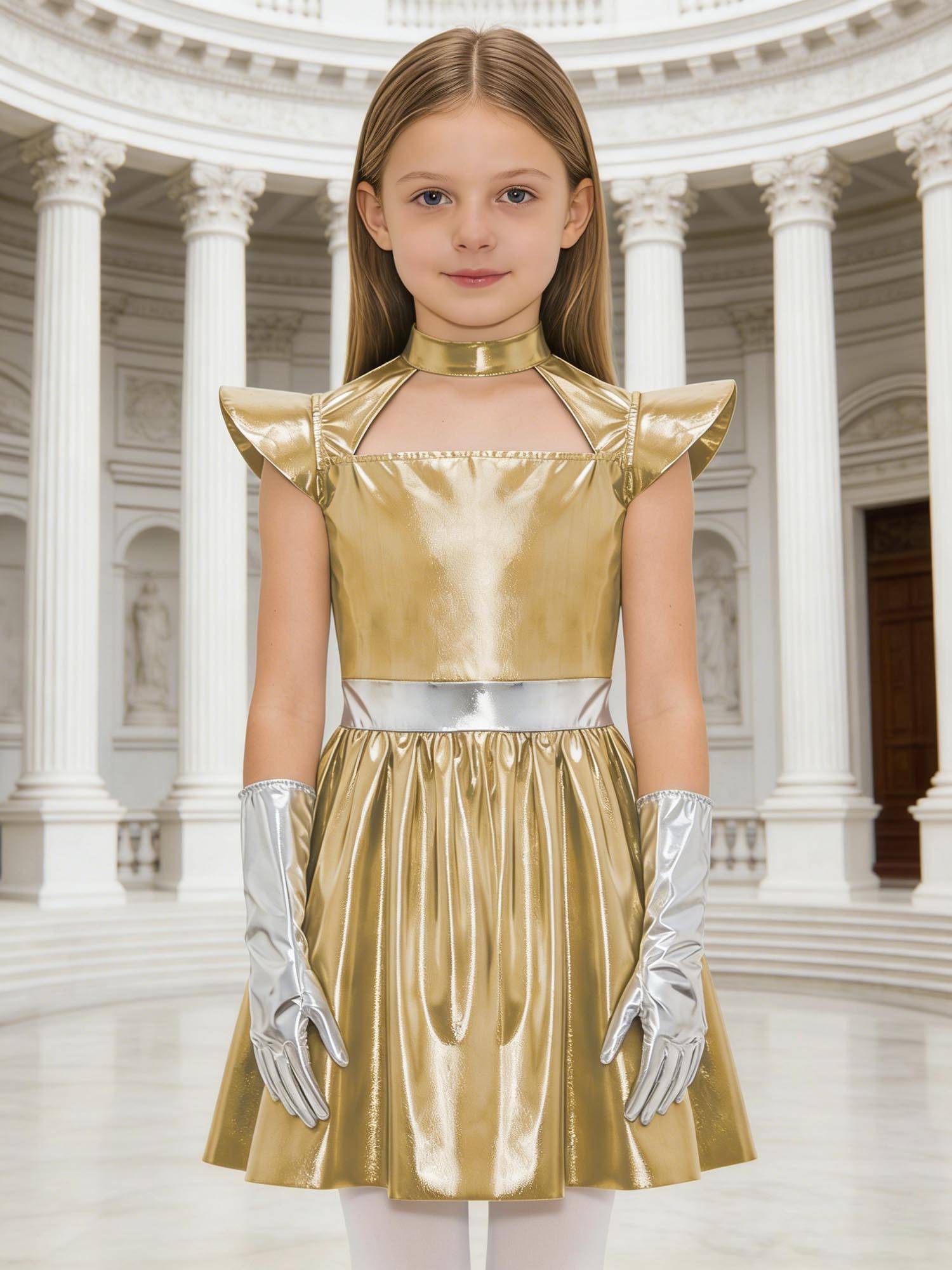 Girls Metallic Alien Halloween Cosplay Costume Cap Sleee A-line Dress Robot Set