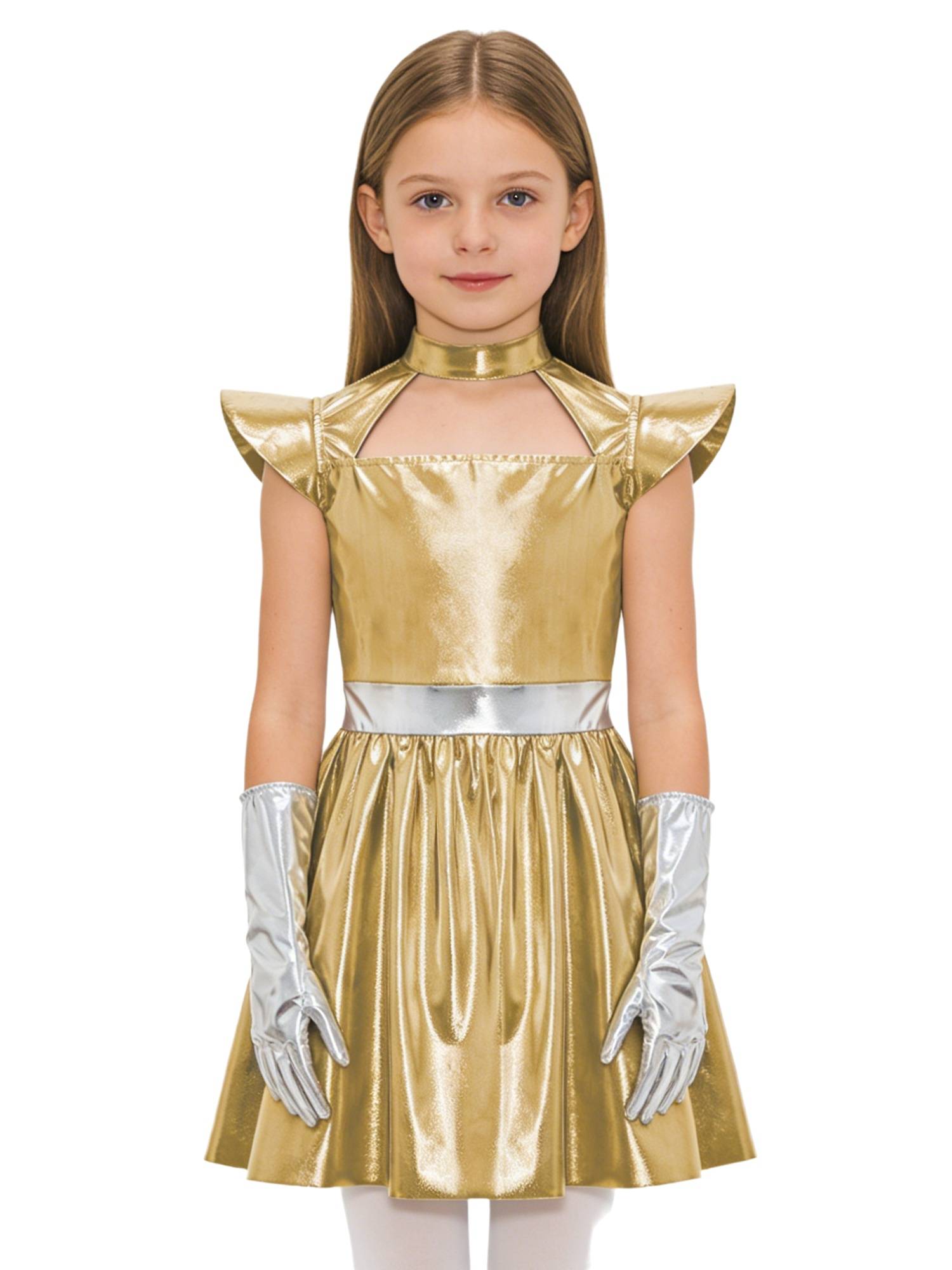 Girls Metallic Alien Halloween Cosplay Costume Cap Sleee A-line Dress Robot Set