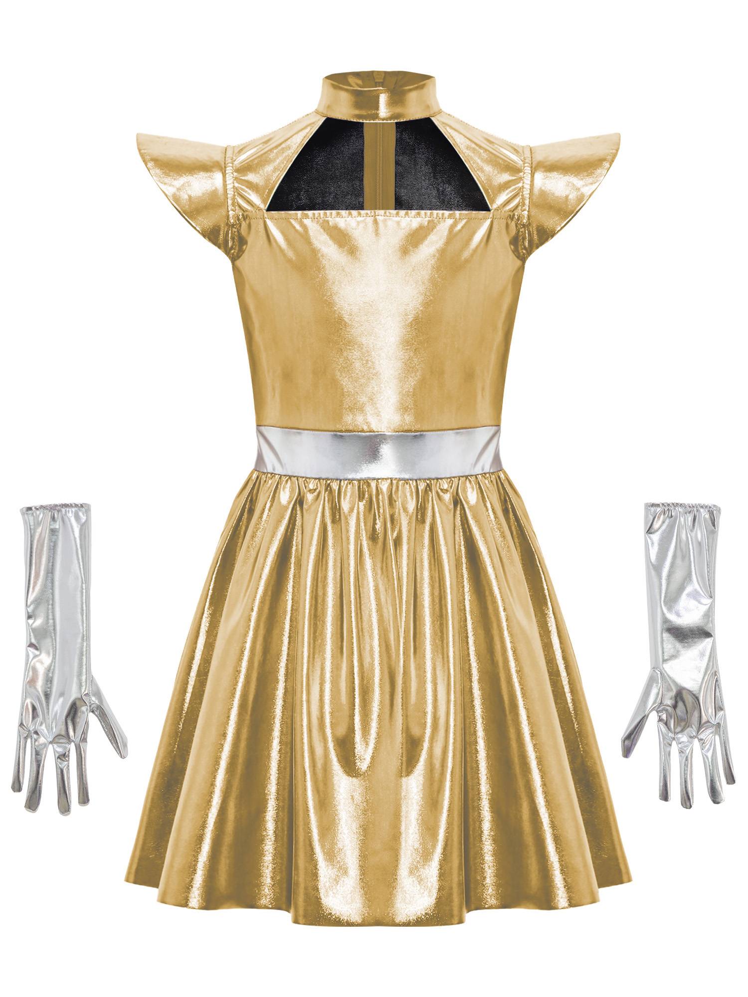Girls Metallic Alien Halloween Cosplay Costume Cap Sleee A-line Dress Robot Set