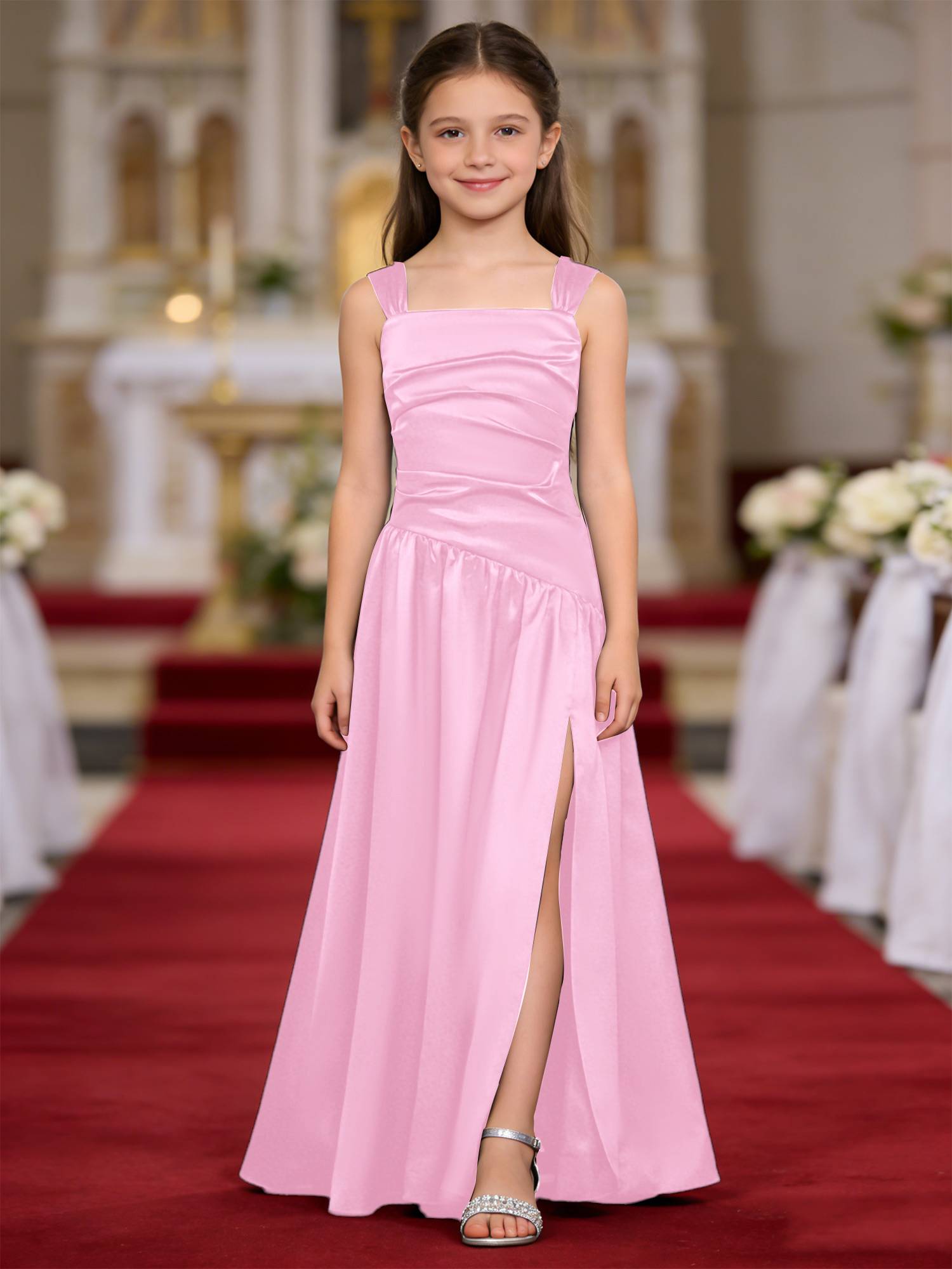 Girls Elegant Satiny Party Gown Flower Girl Dress for Wedding & Baptism