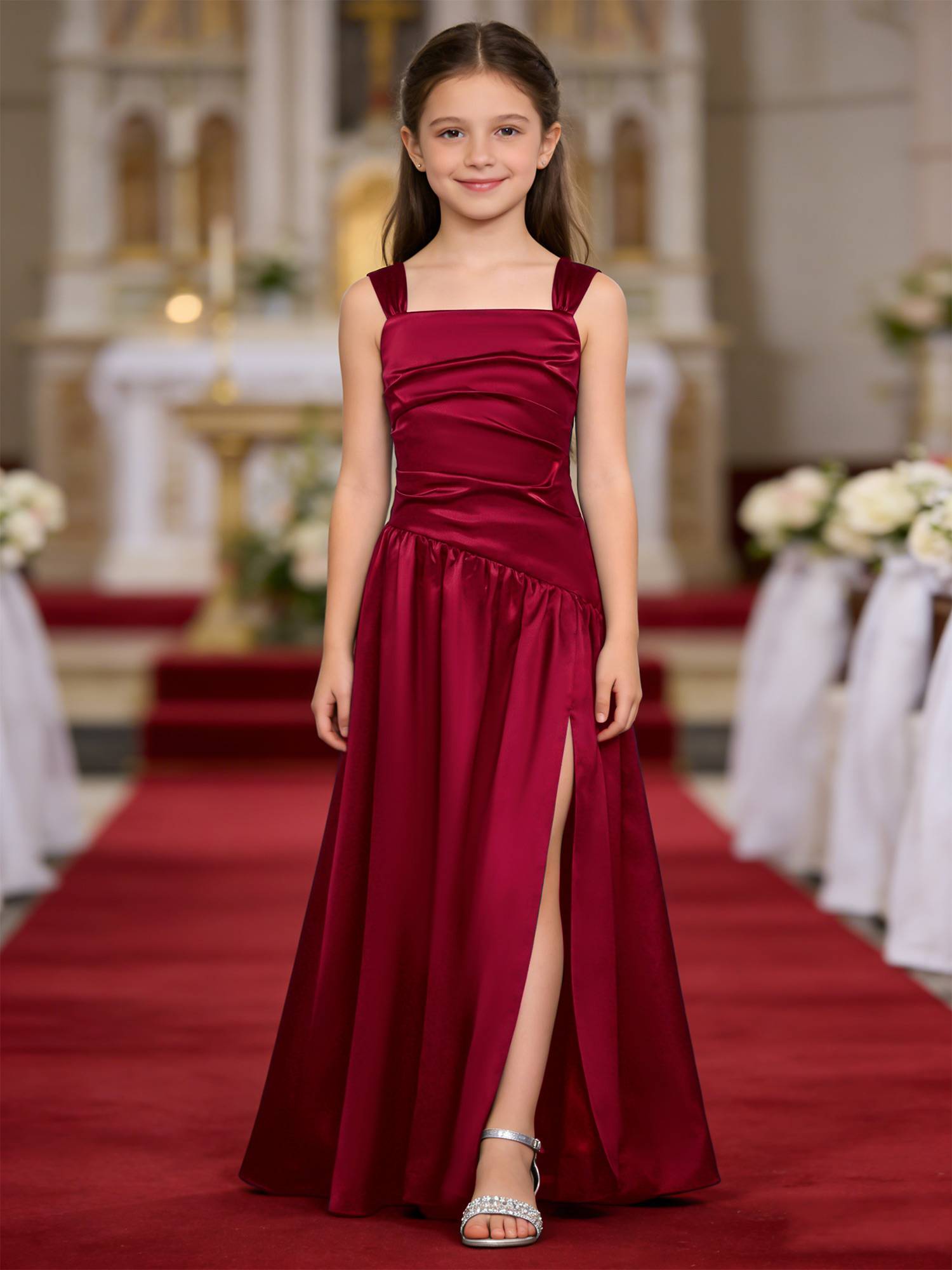 Girls Elegant Satiny Party Gown Flower Girl Dress for Wedding & Baptism