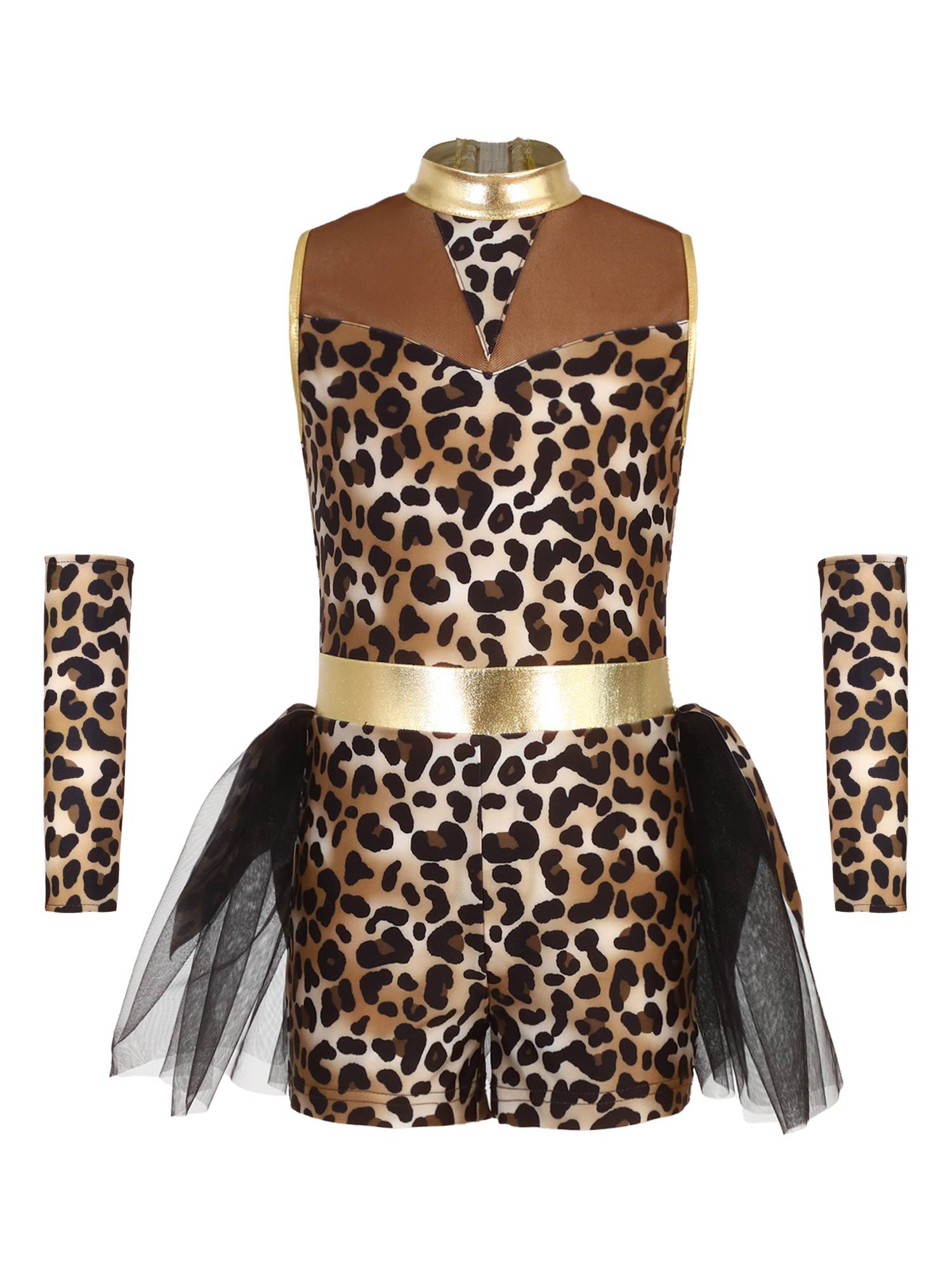Girls Caveman Leopard Print Romper Mesh Tutu Costume with Gloves for Halloween