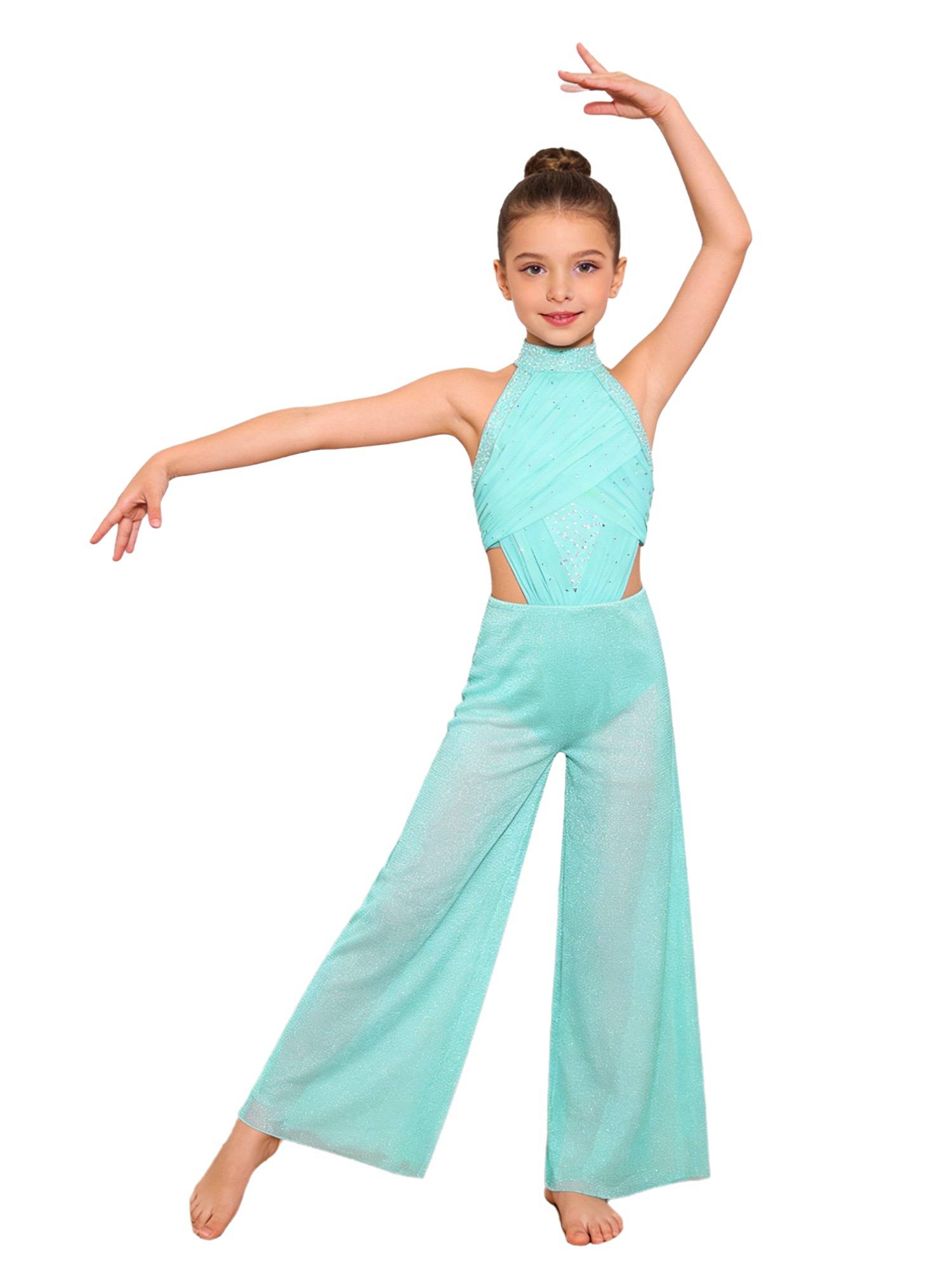 Girls Lyrical Dance Jumpsuit Sleeveless Rhinestone Halter Ballet Skating Leotard