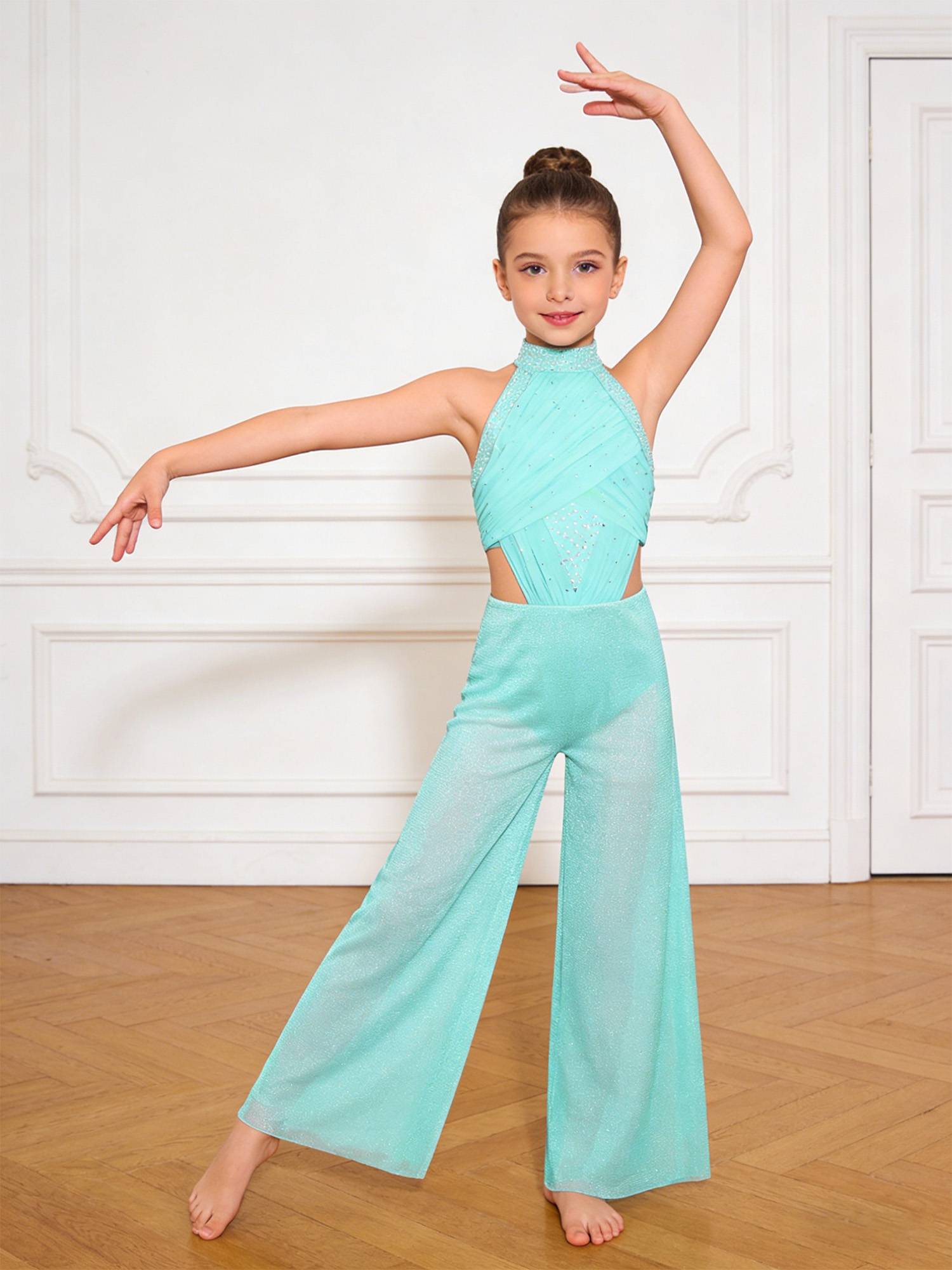 Girls Lyrical Dance Jumpsuit Sleeveless Rhinestone Halter Ballet Skating Leotard