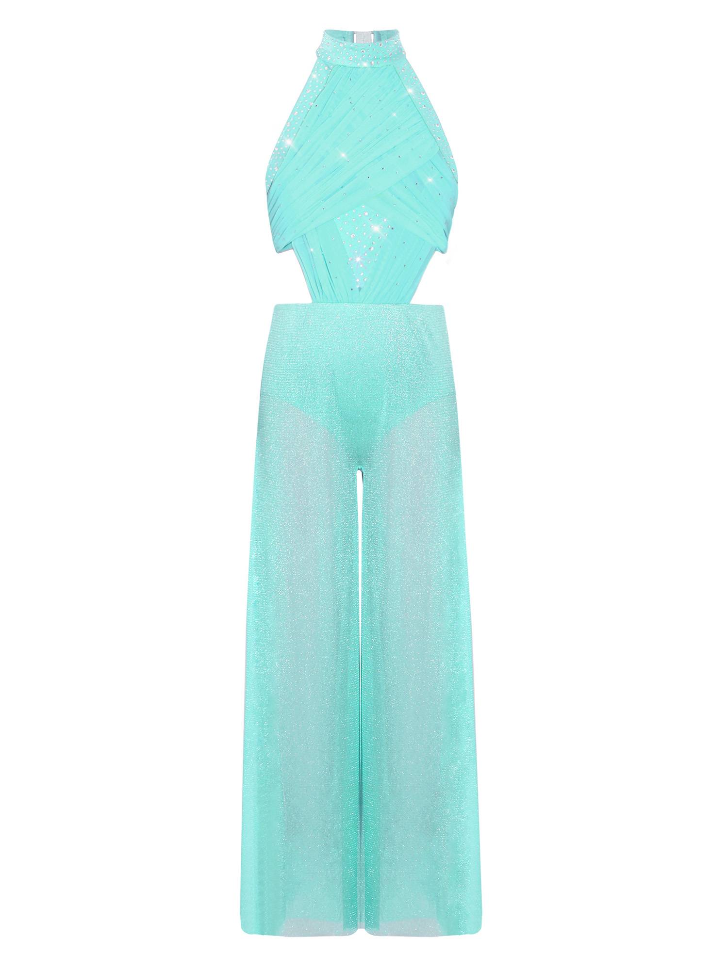 Girls Lyrical Dance Jumpsuit Sleeveless Rhinestone Halter Ballet Skating Leotard