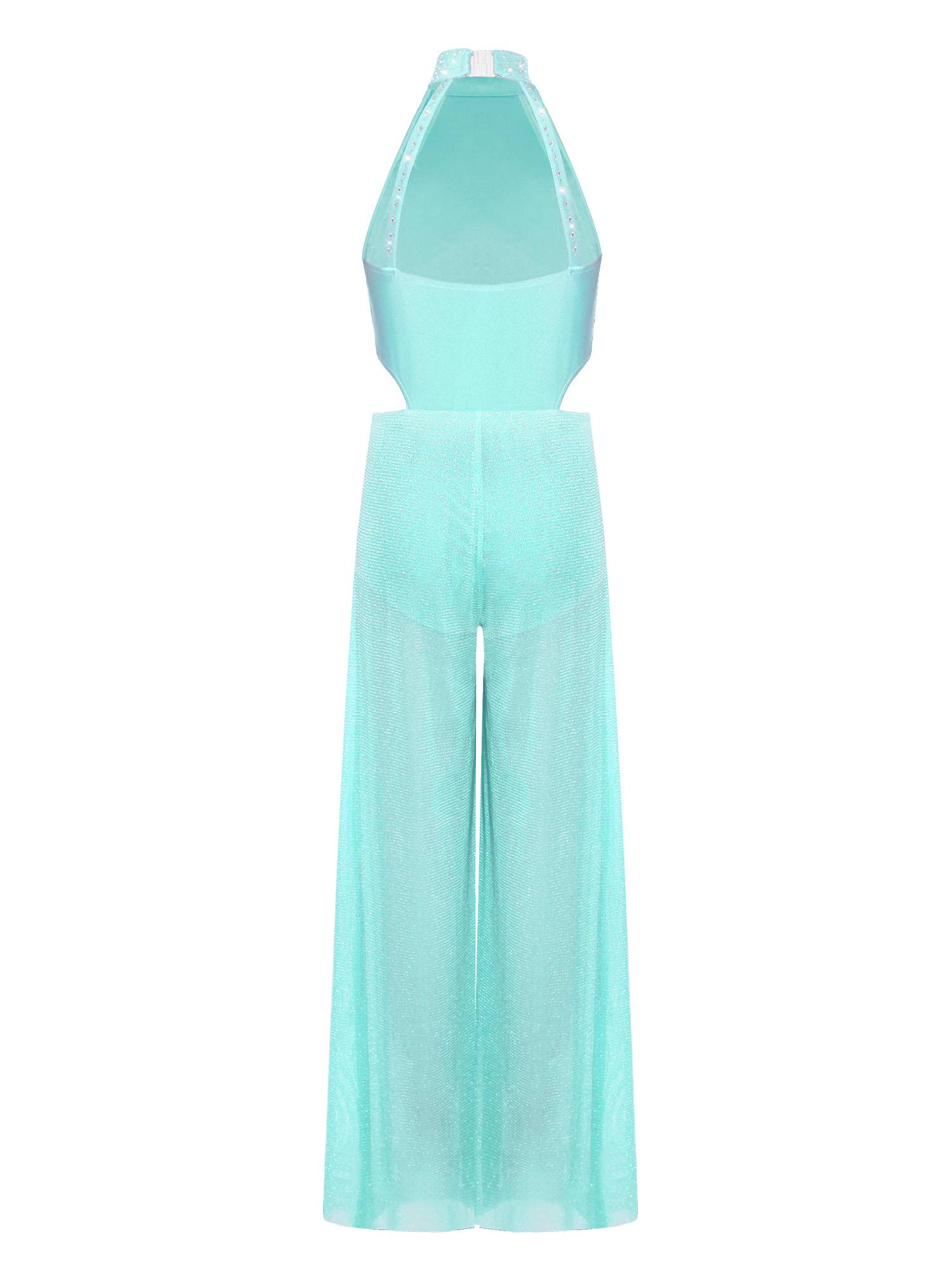 Girls Lyrical Dance Jumpsuit Sleeveless Rhinestone Halter Ballet Skating Leotard