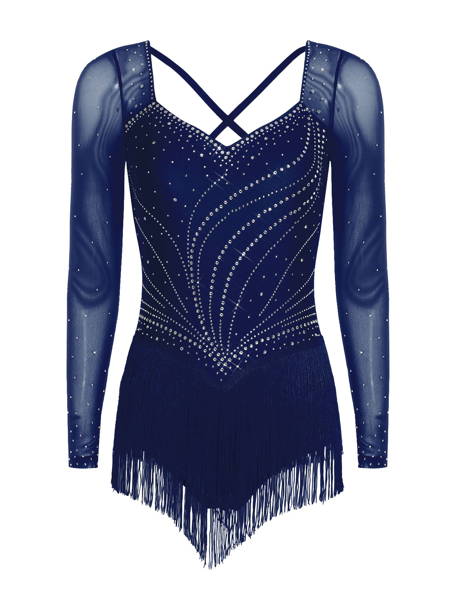 Womens Latin Dance Dress Sparkly Bodysuit for Figure Skating Tango Rumba Dance