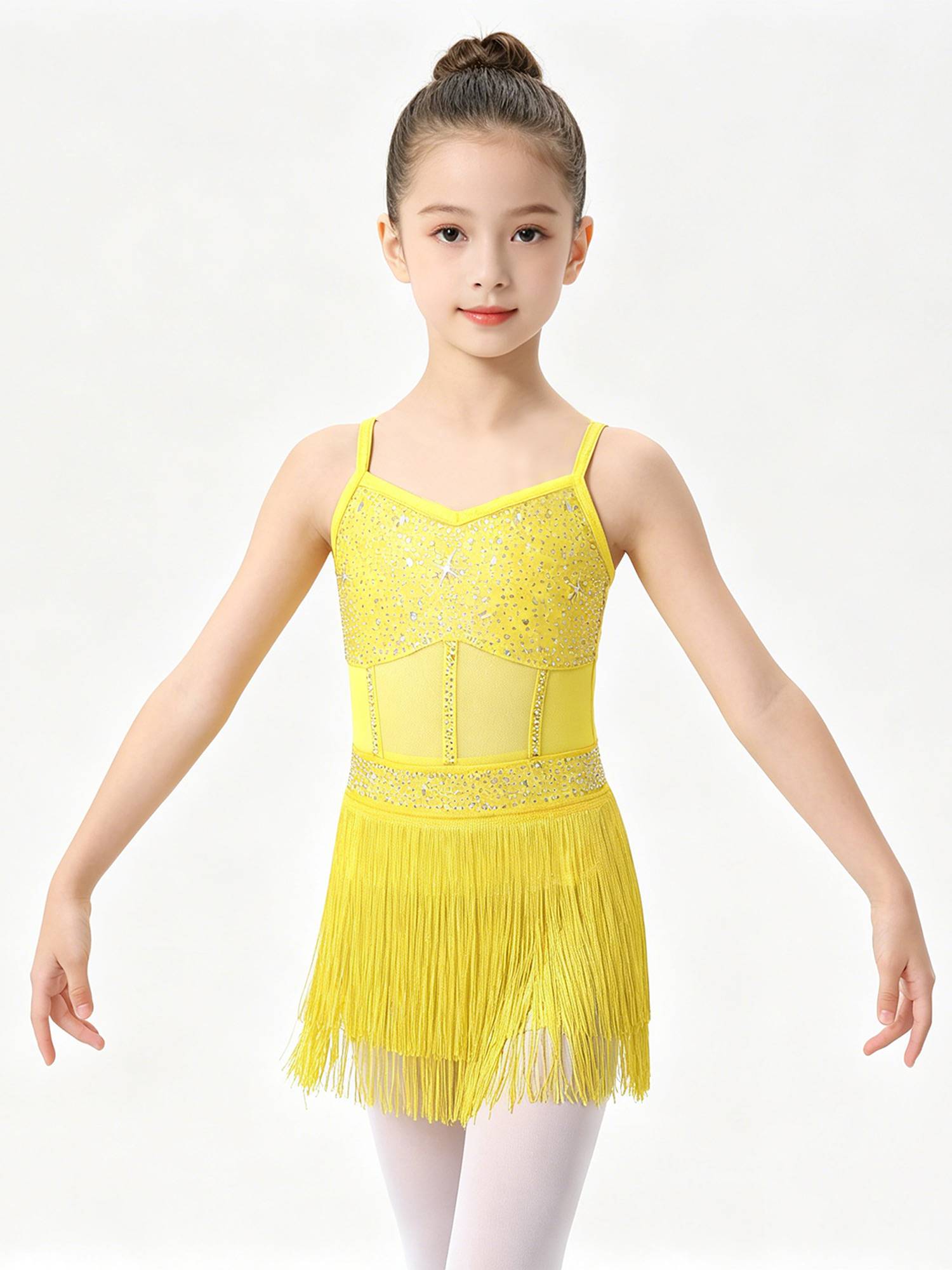 Kids Girls Rhinestone Sleeveless Fringed Latin Tango Dance Leotard Dress