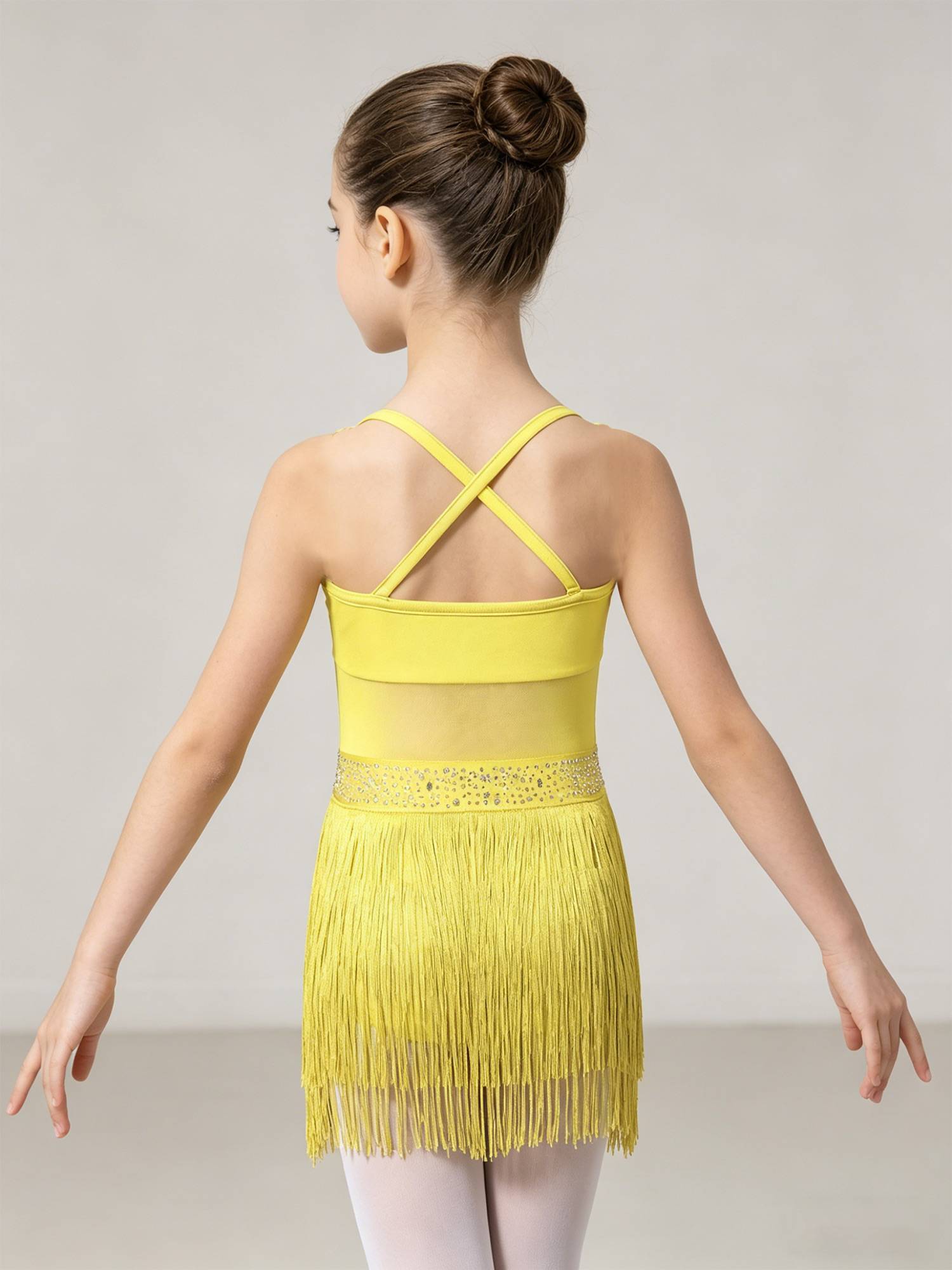 Kids Girls Rhinestone Sleeveless Fringed Latin Tango Dance Leotard Dress