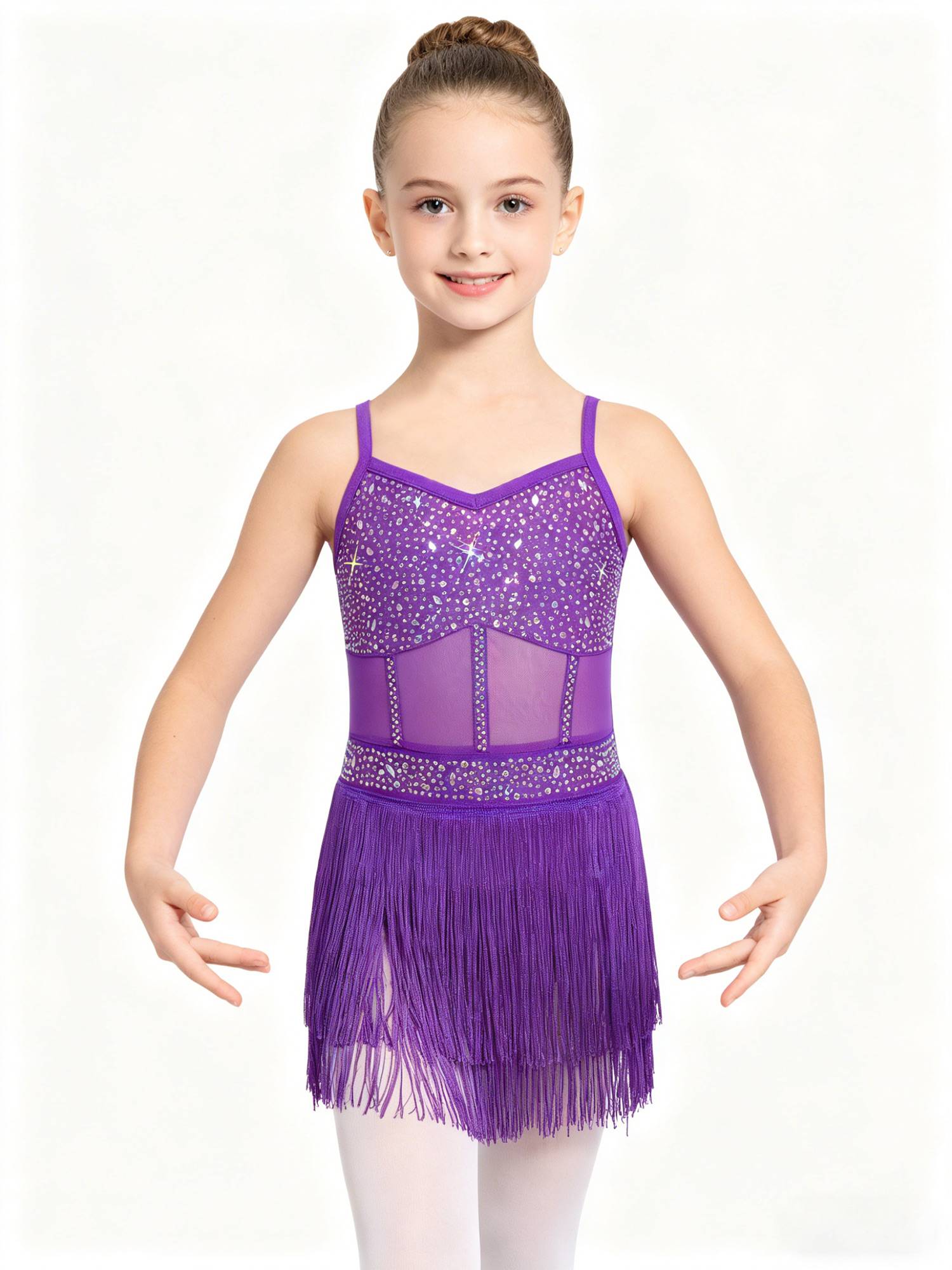 Kids Girls Rhinestone Sleeveless Fringed Latin Tango Dance Leotard Dress