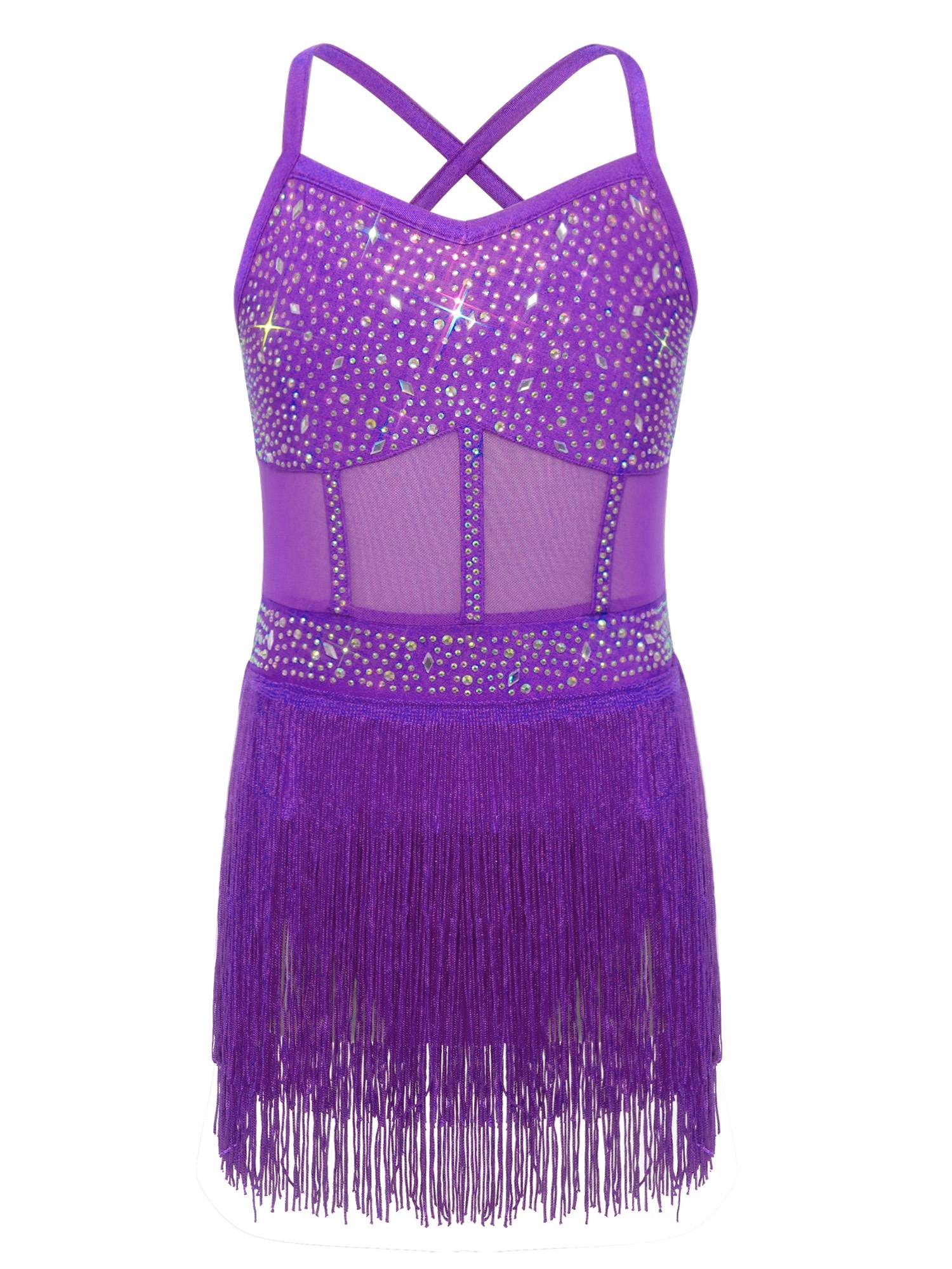 Kids Girls Rhinestone Sleeveless Fringed Latin Tango Dance Leotard Dress
