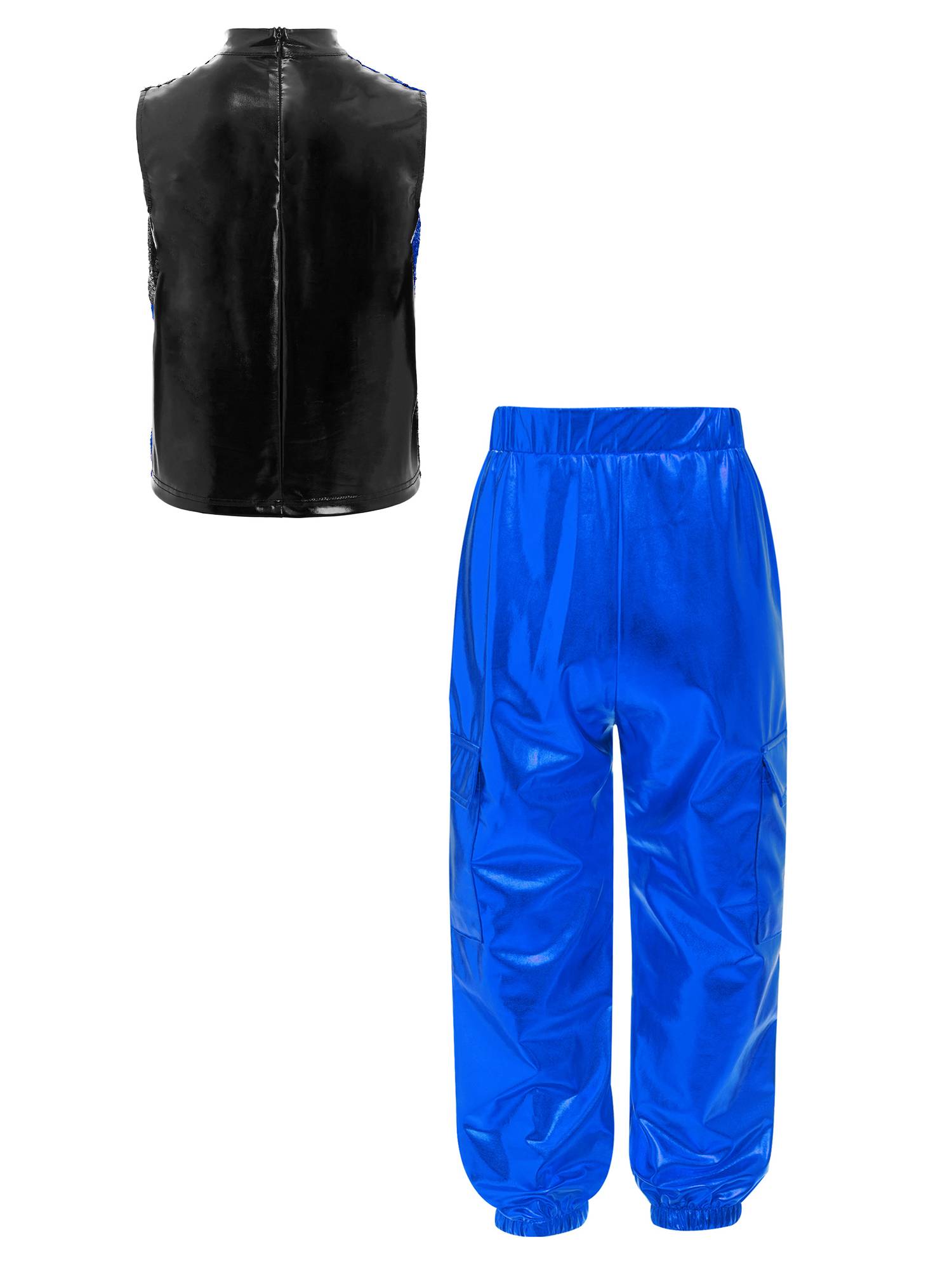 Boys Metallic Sequin Jazz Hip Hop Dance Set Sleeveless Top with Cargo Pants