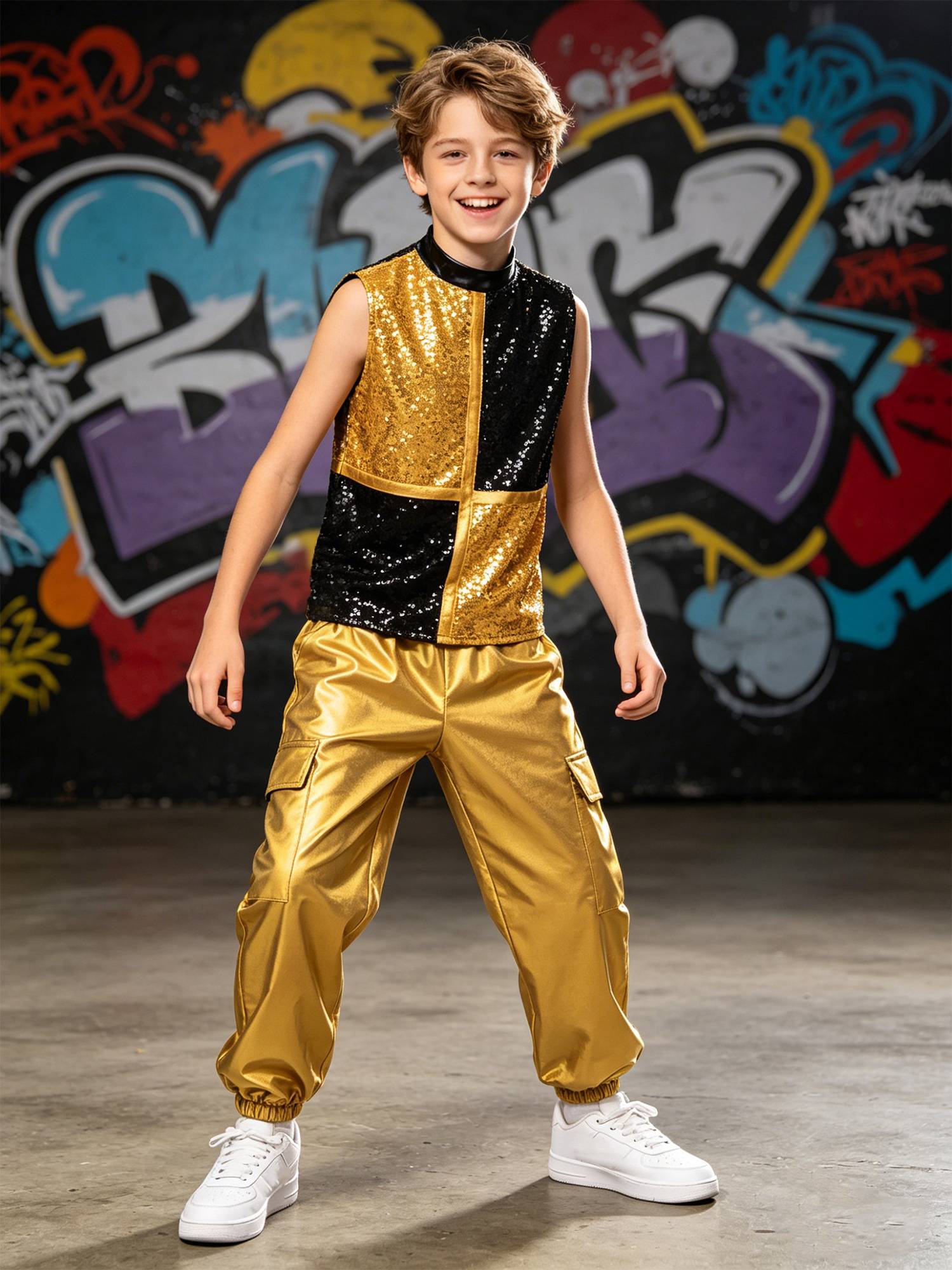 Boys Metallic Sequin Jazz Hip Hop Dance Set Sleeveless Top with Cargo Pants