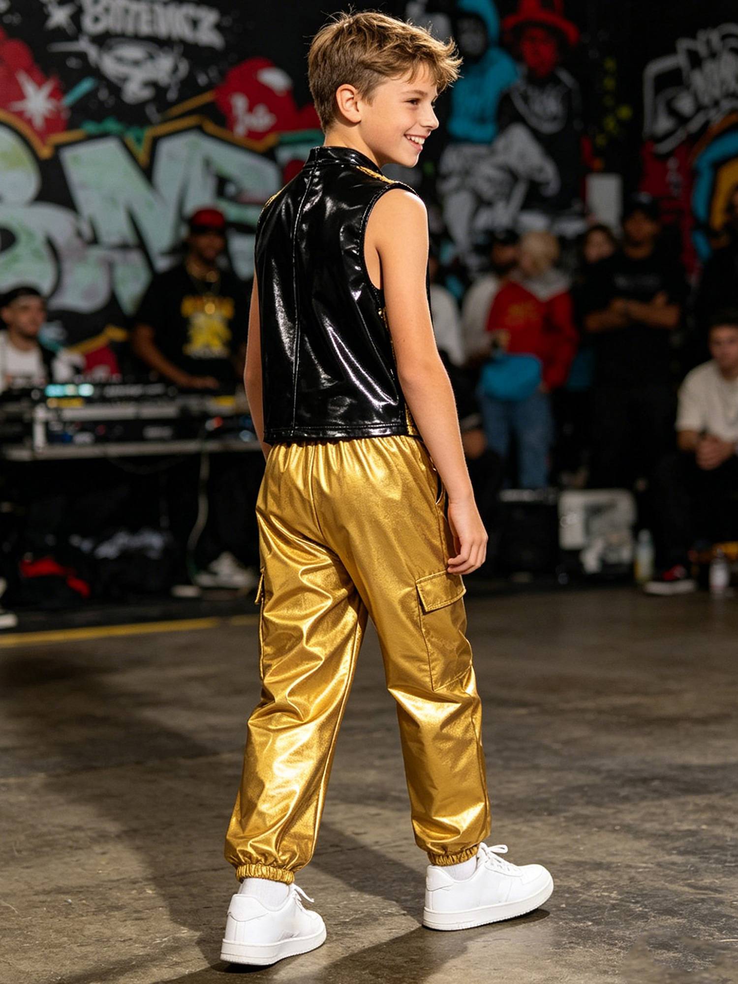 Boys Metallic Sequin Jazz Hip Hop Dance Set Sleeveless Top with Cargo Pants
