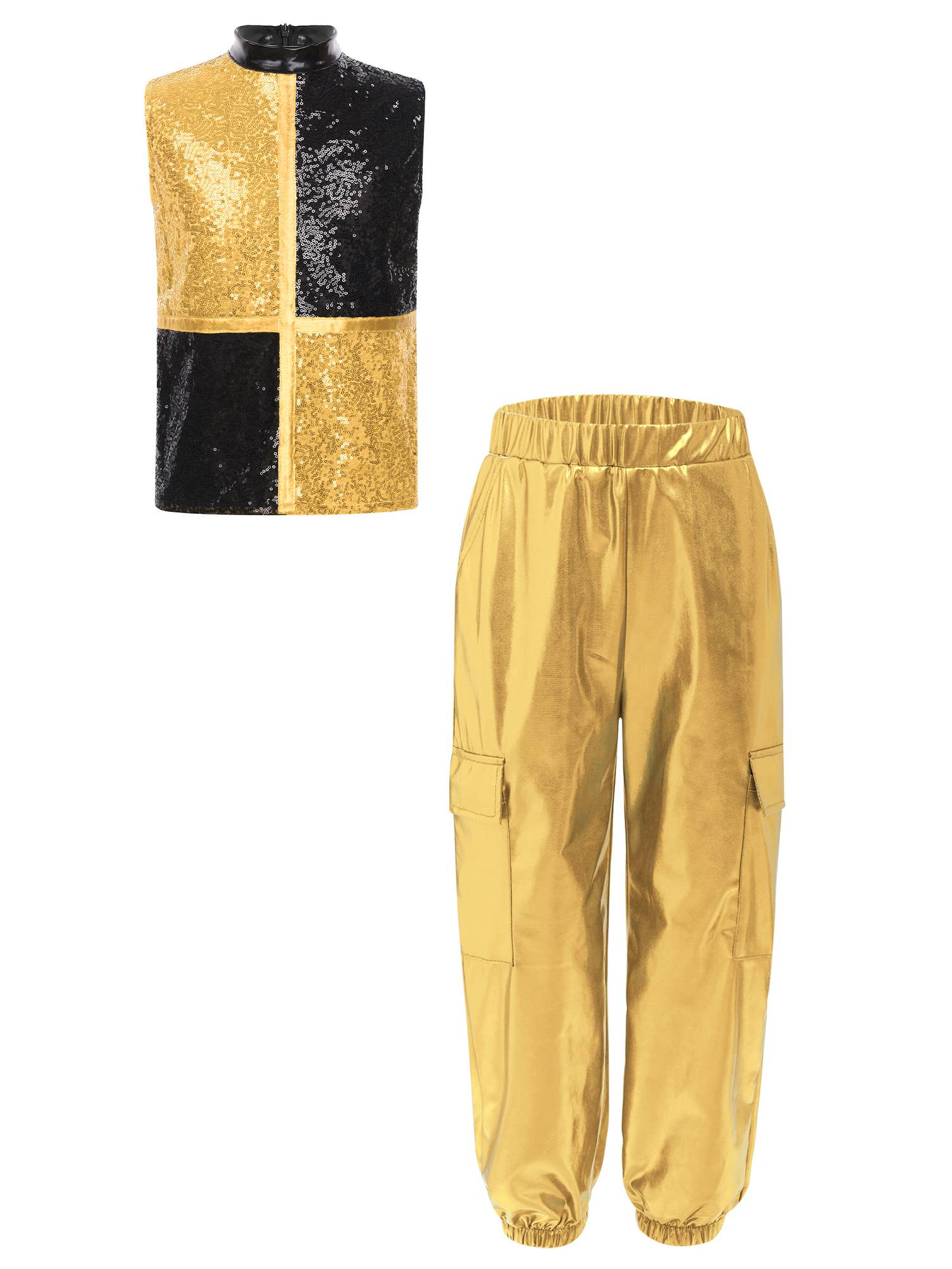 Boys Metallic Sequin Jazz Hip Hop Dance Set Sleeveless Top with Cargo Pants