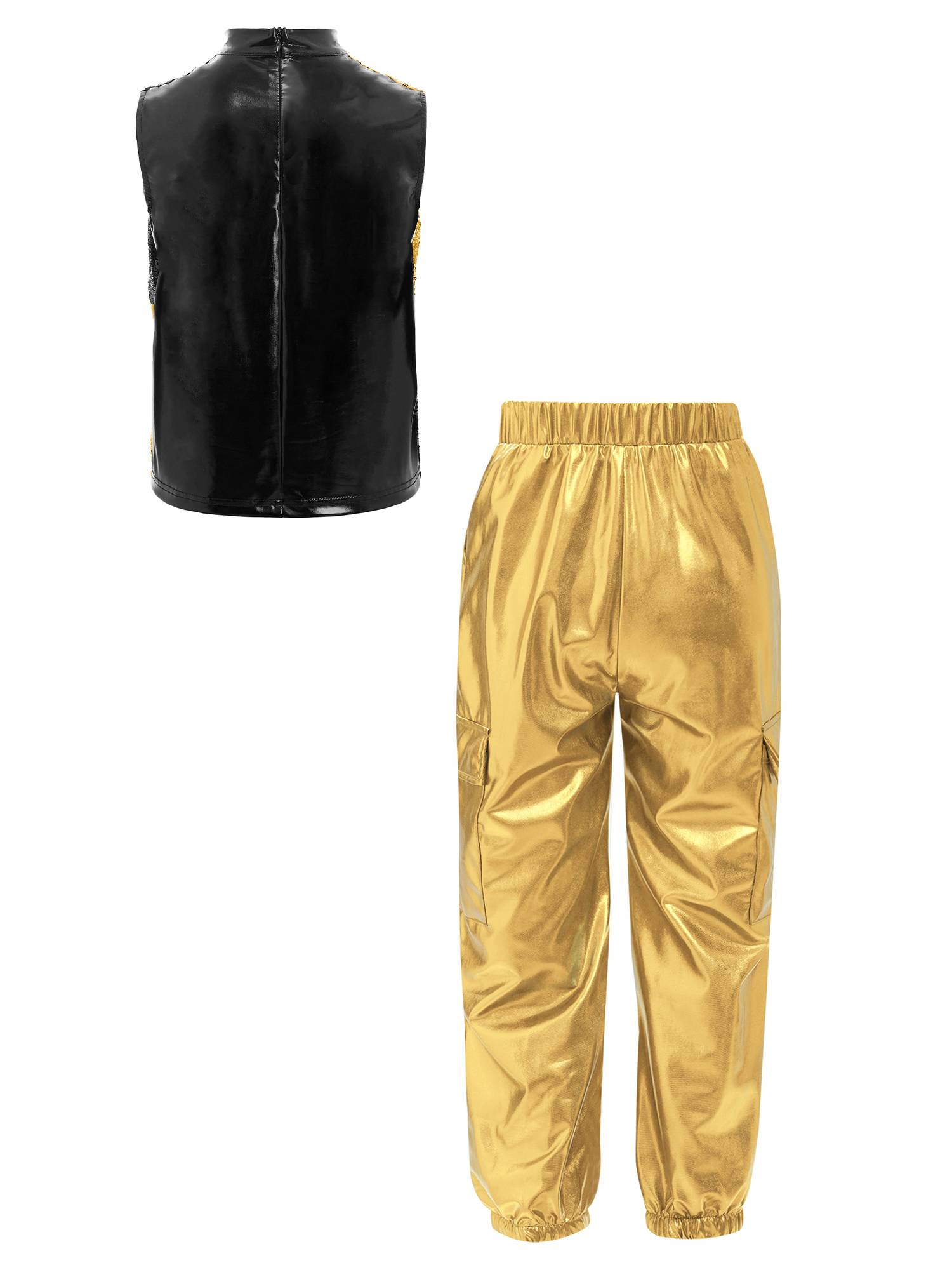 Boys Metallic Sequin Jazz Hip Hop Dance Set Sleeveless Top with Cargo Pants