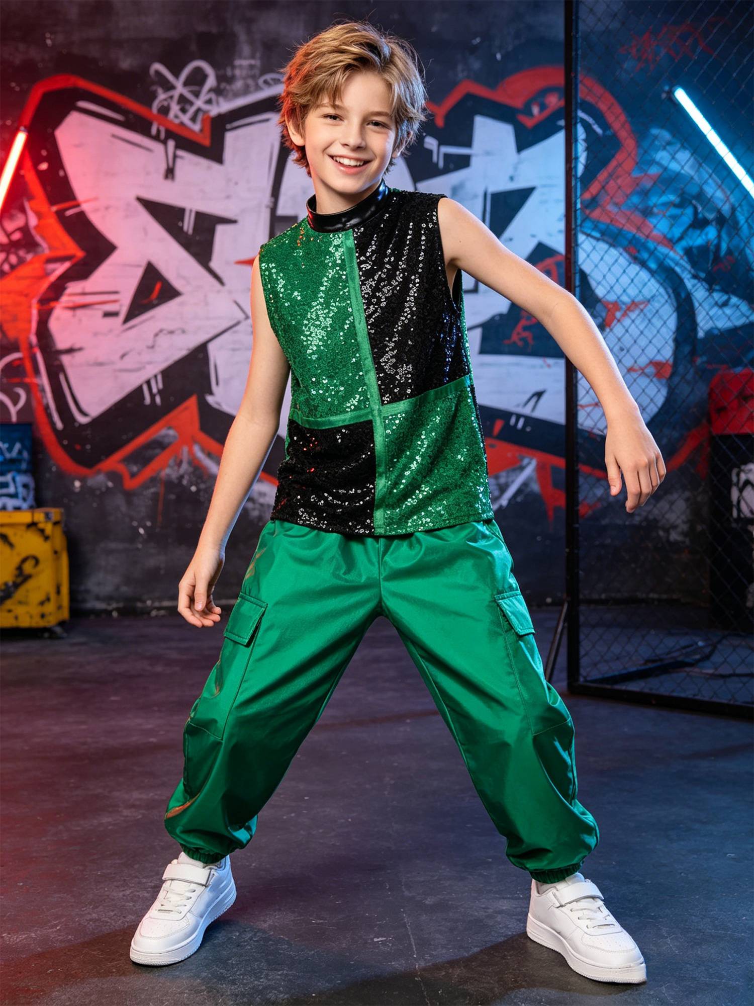 Boys Metallic Sequin Jazz Hip Hop Dance Set Sleeveless Top with Cargo Pants
