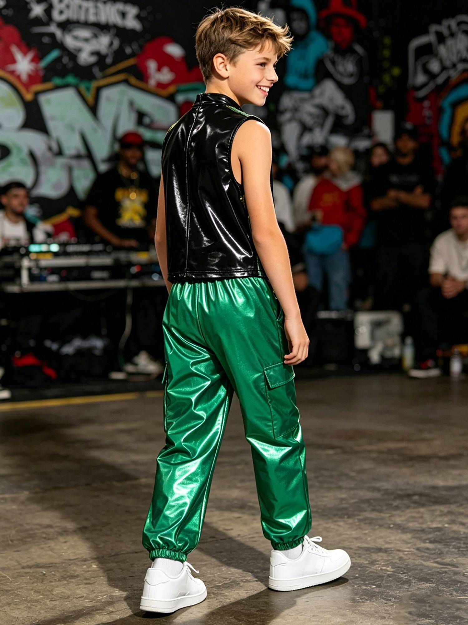Boys Metallic Sequin Jazz Hip Hop Dance Set Sleeveless Top with Cargo Pants
