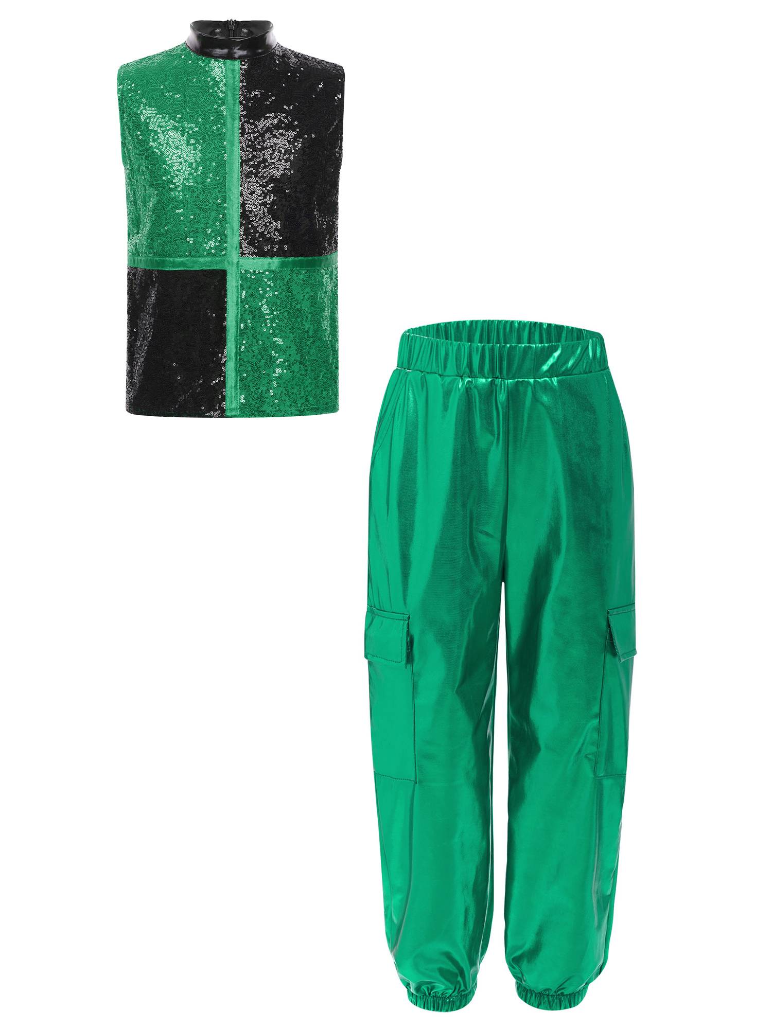 Boys Metallic Sequin Jazz Hip Hop Dance Set Sleeveless Top with Cargo Pants