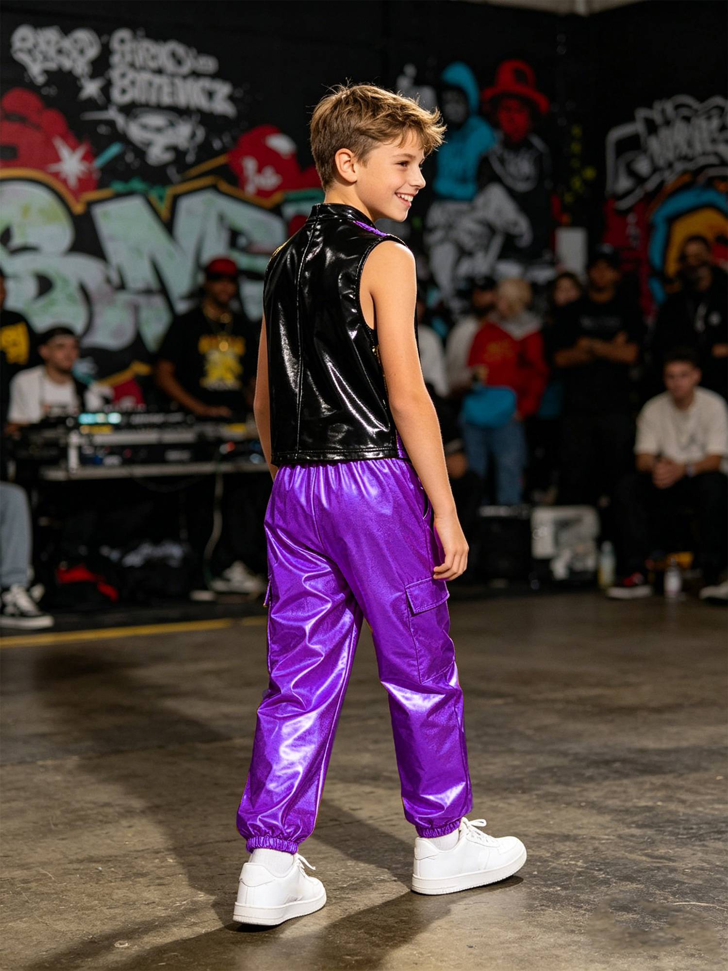 Boys Metallic Sequin Jazz Hip Hop Dance Set Sleeveless Top with Cargo Pants