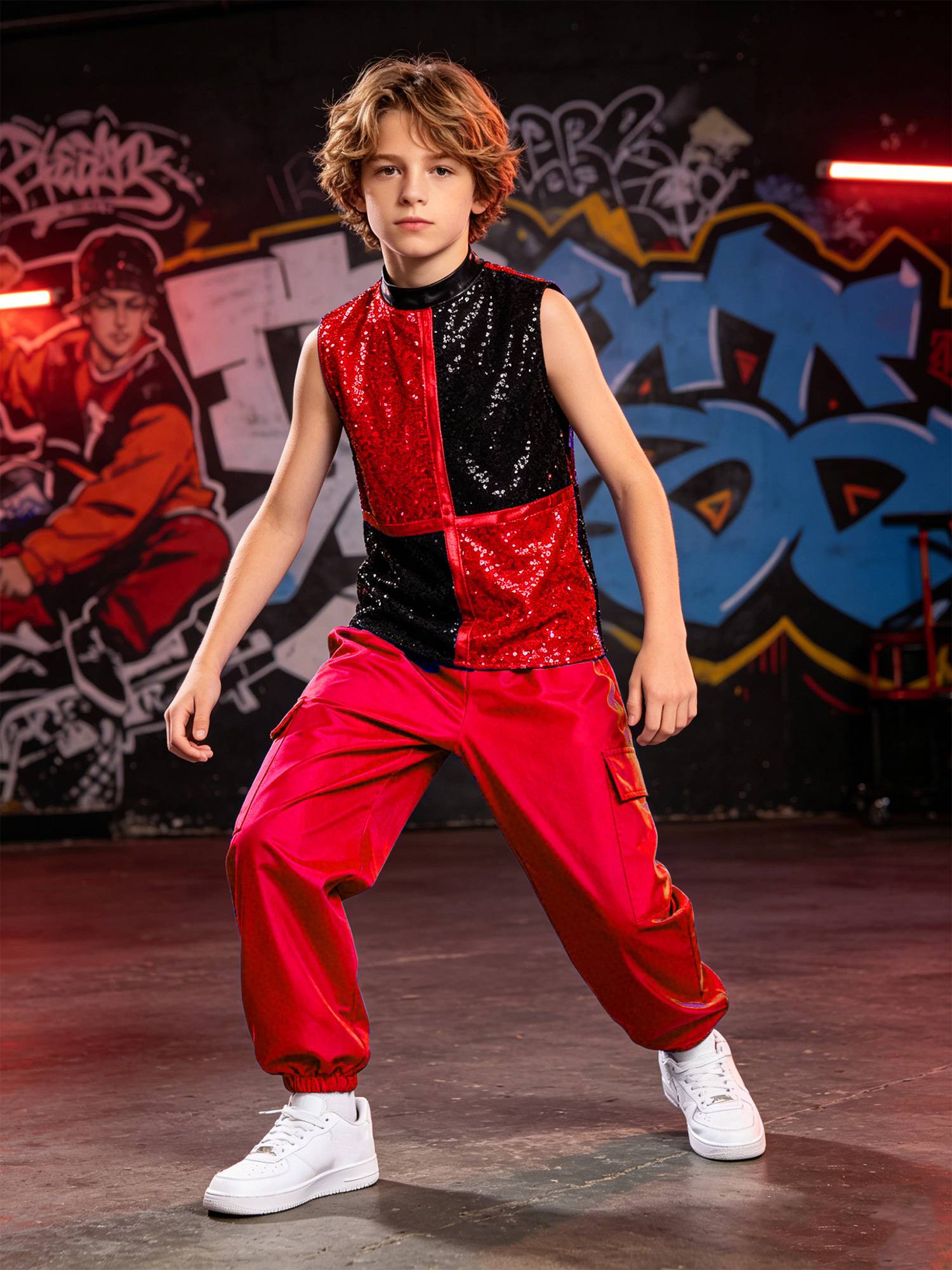 Boys Metallic Sequin Jazz Hip Hop Dance Set Sleeveless Top with Cargo Pants